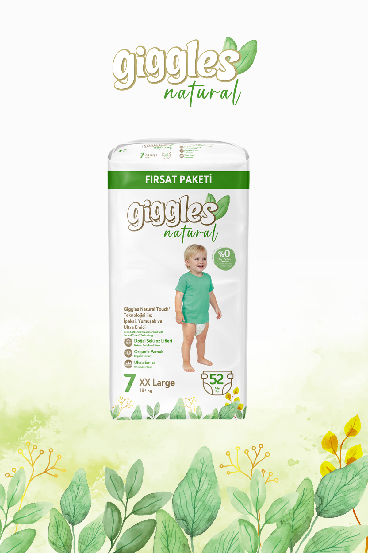 Giggles Natural Jumbo 7 Numara Pamuklu Bebek Bezi 52 Adet