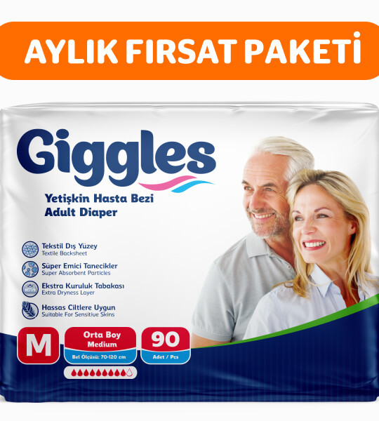 Giggles Yetişkin Bel Bağlamalı Hasta Bezi Medium 30'lu 3 Paket 90 Adet