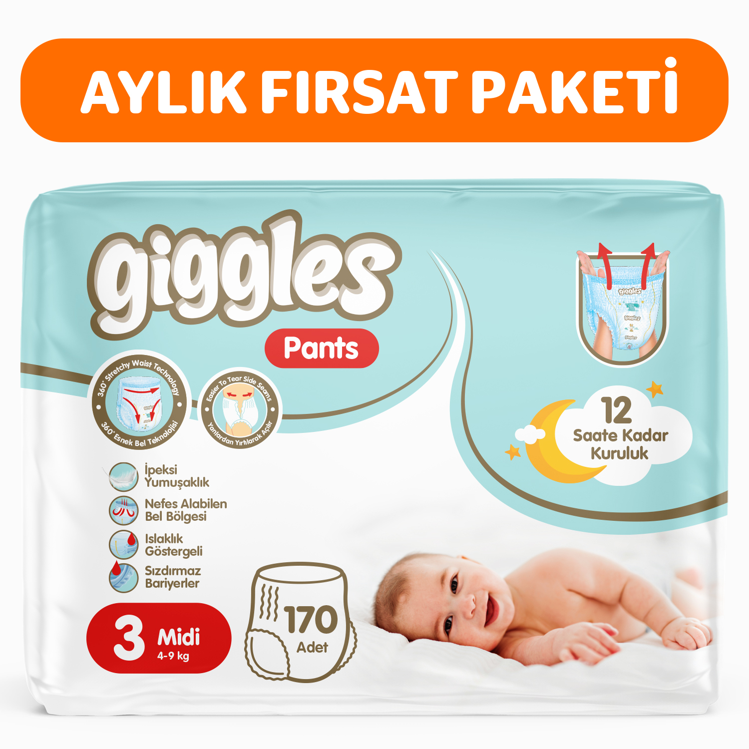 Giggles Pants Külotlu Bebek Bezi 3 Numara Midi 170 Adet