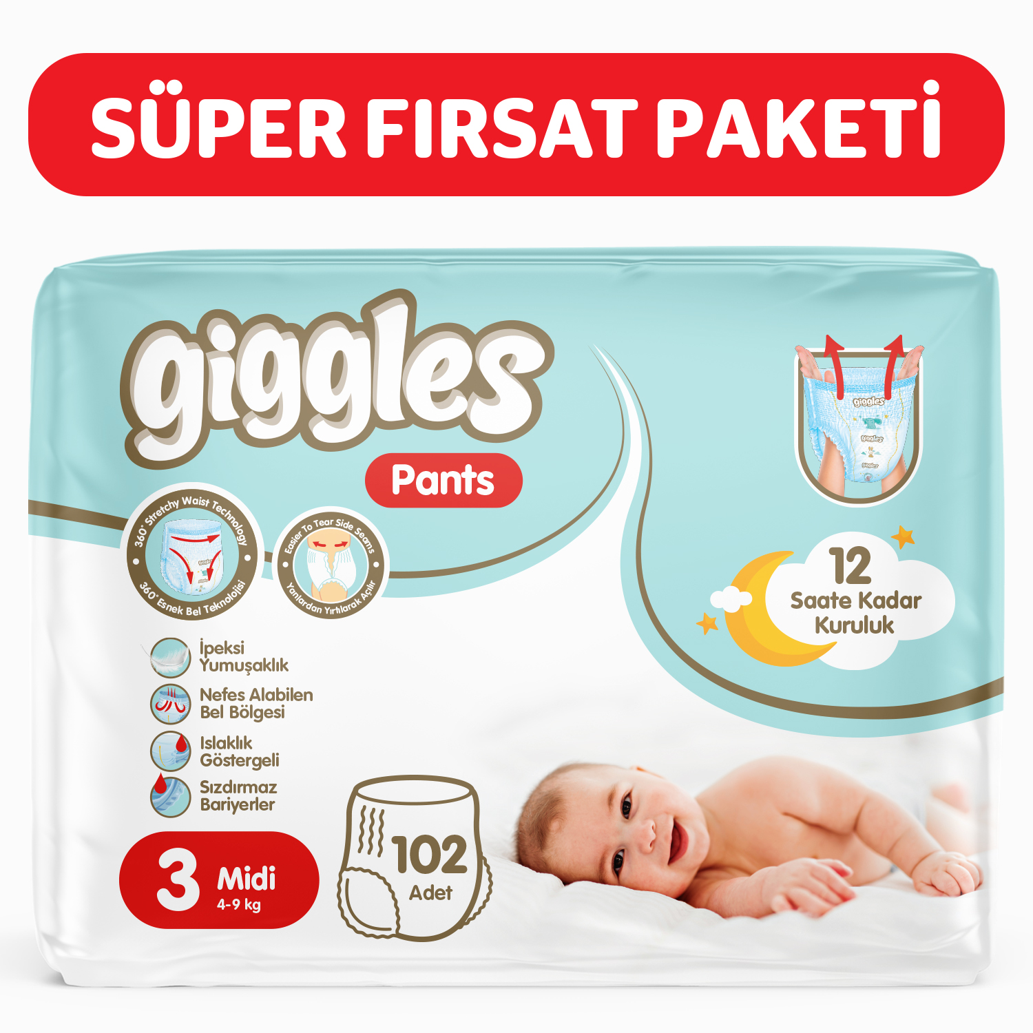 Giggles Pants Külotlu Bebek Bezi 3 Numara Midi 102 Adet