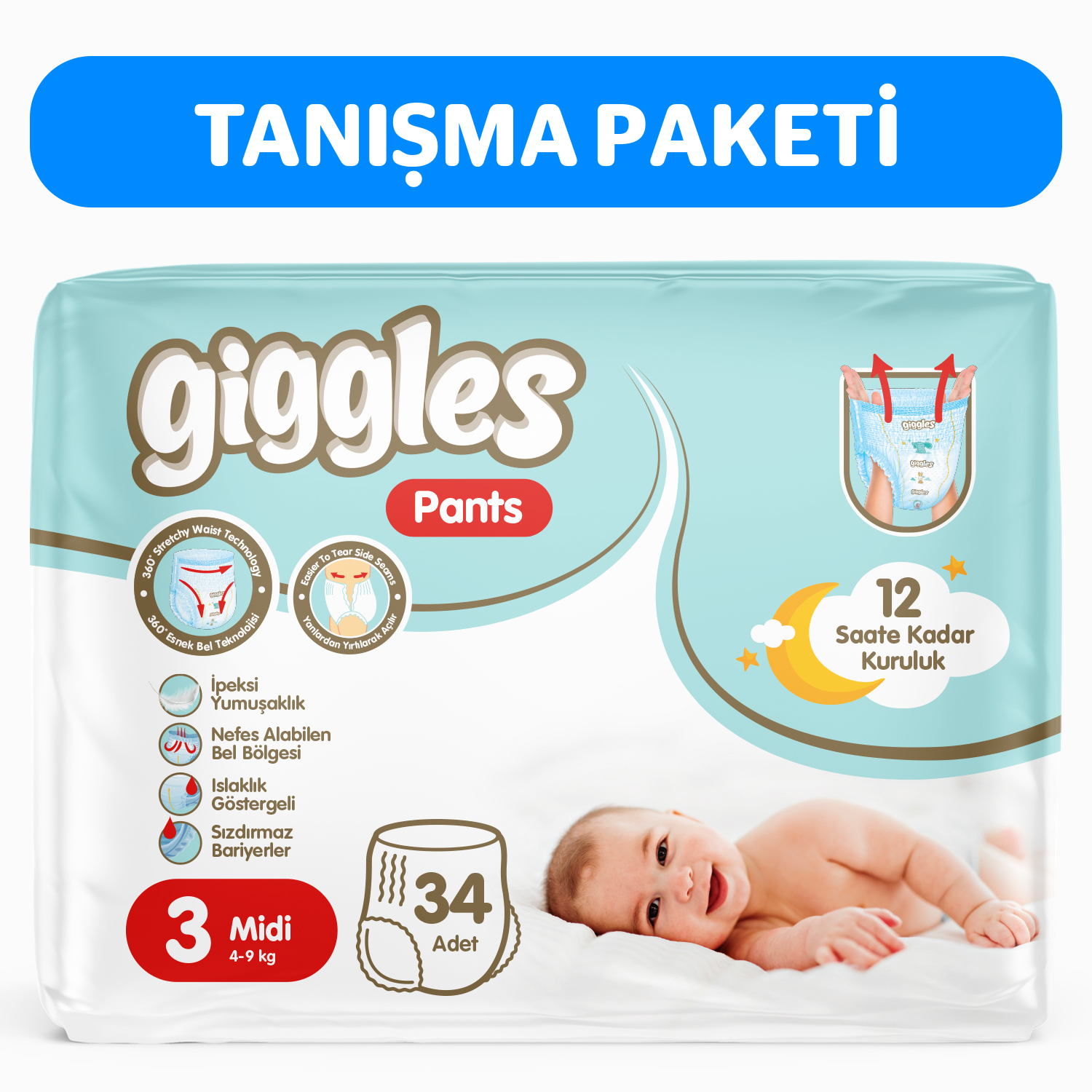 Giggles Pants Külotlu Bebek Bezi 3 Numara Midi 34 Adet