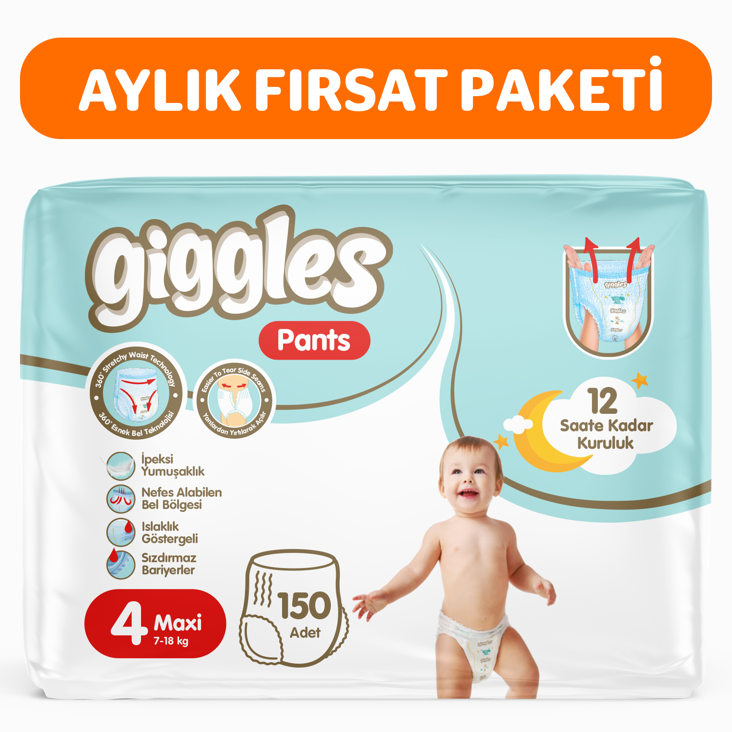 Giggles Pants Külotlu Bebek Bezi 4 Numara Maxi 150 Adet