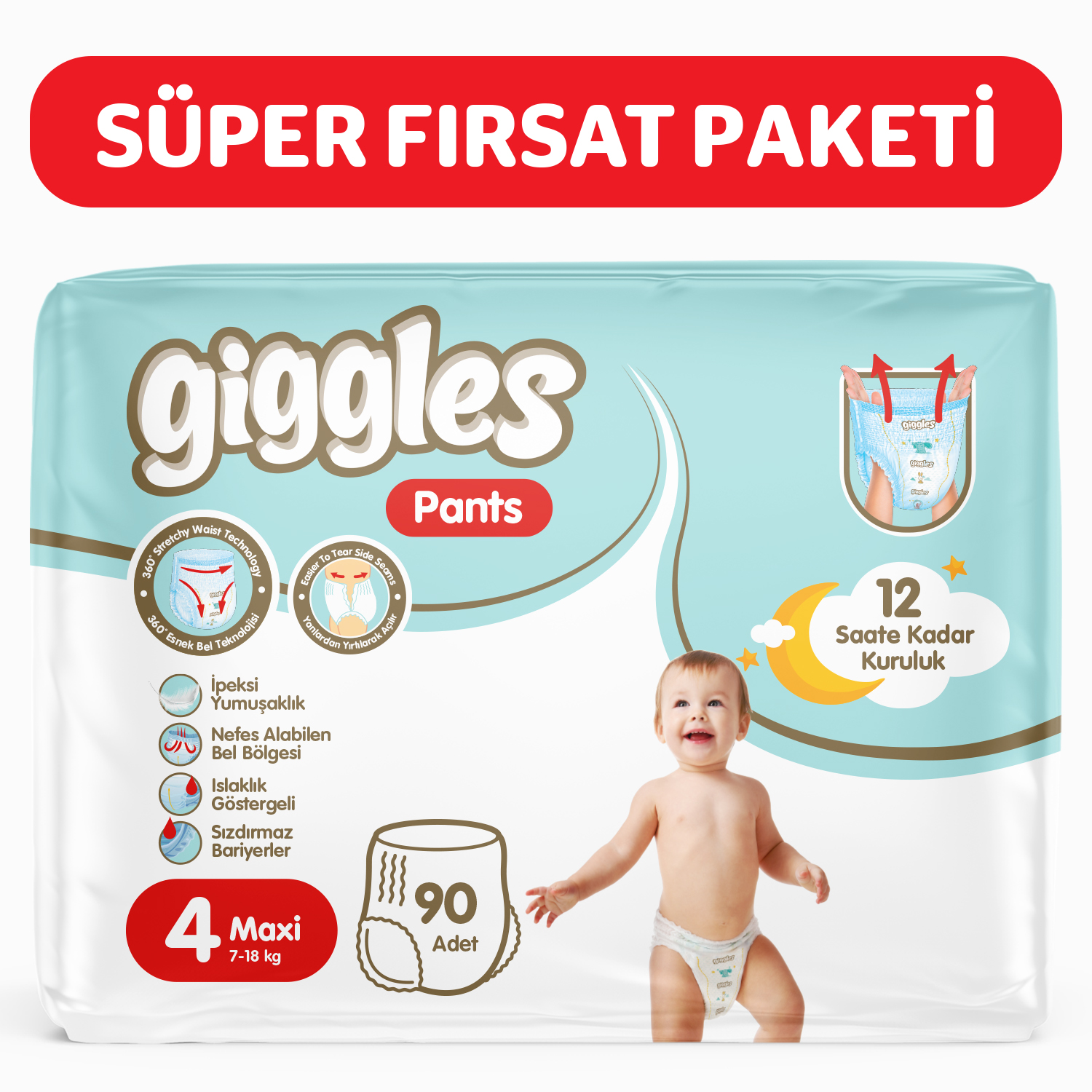 Giggles Pants Külotlu Bebek Bezi 4 Numara Maxi 90 Adet