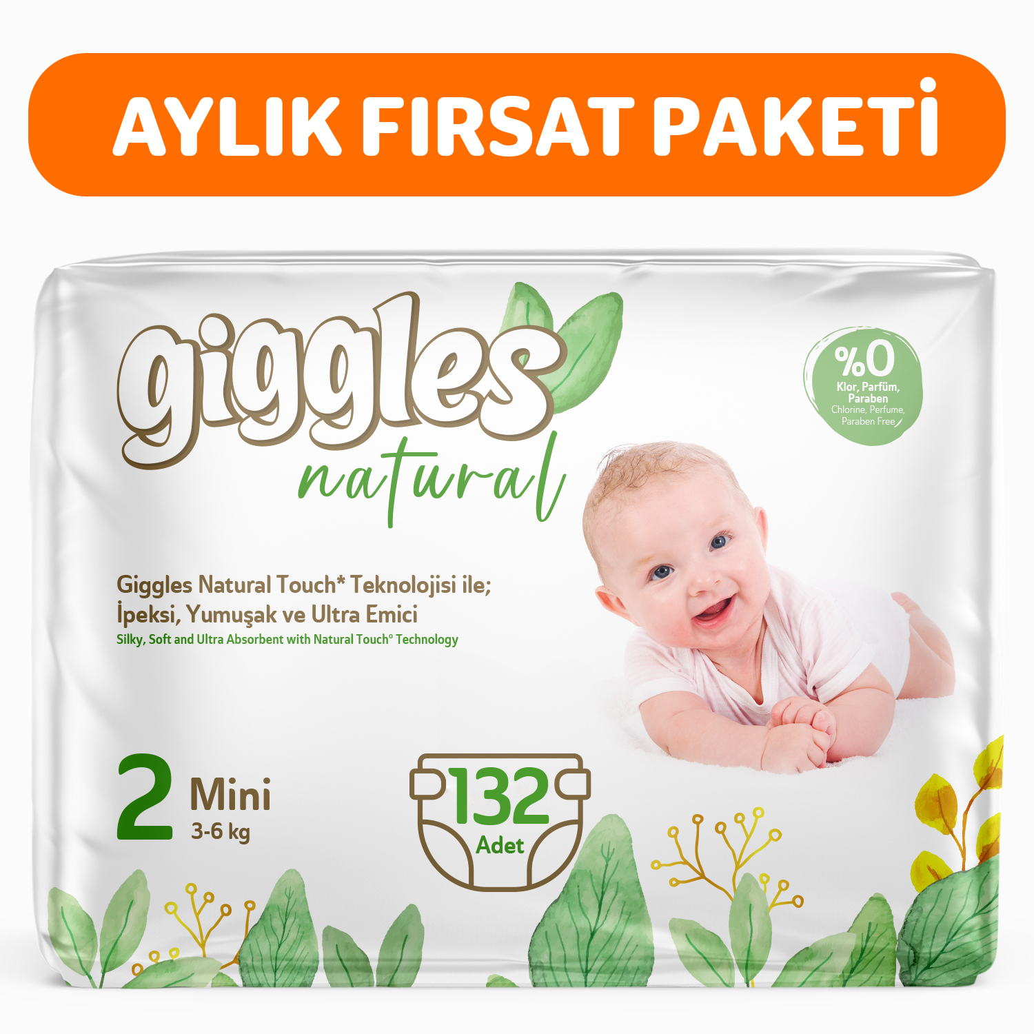 Giggles Natural 2 Numara Mini Pamuklu Bebek bezi 132 Adet