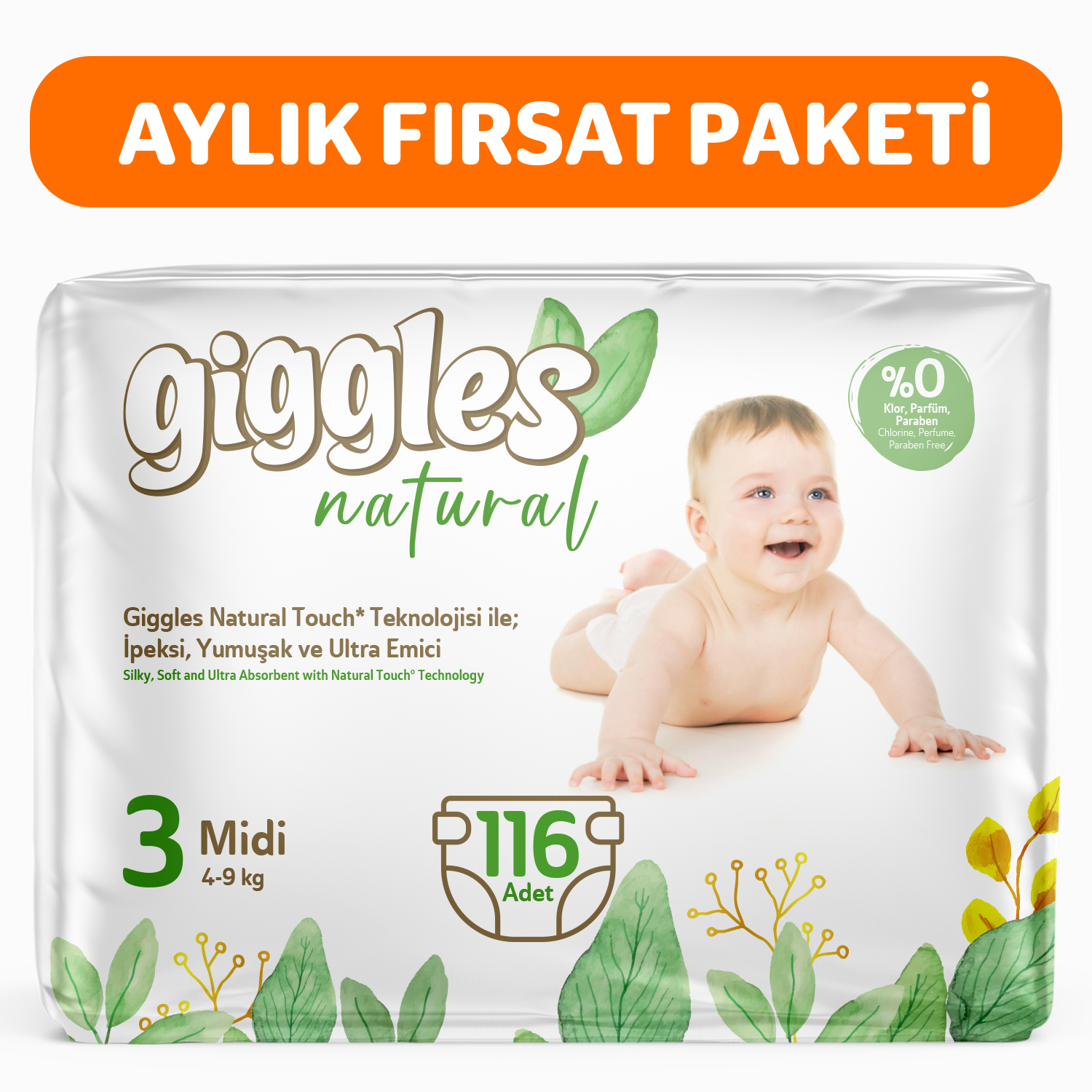 Giggles Natural 3 Numara Midi Pamuklu Bebek bezi 116 Adet