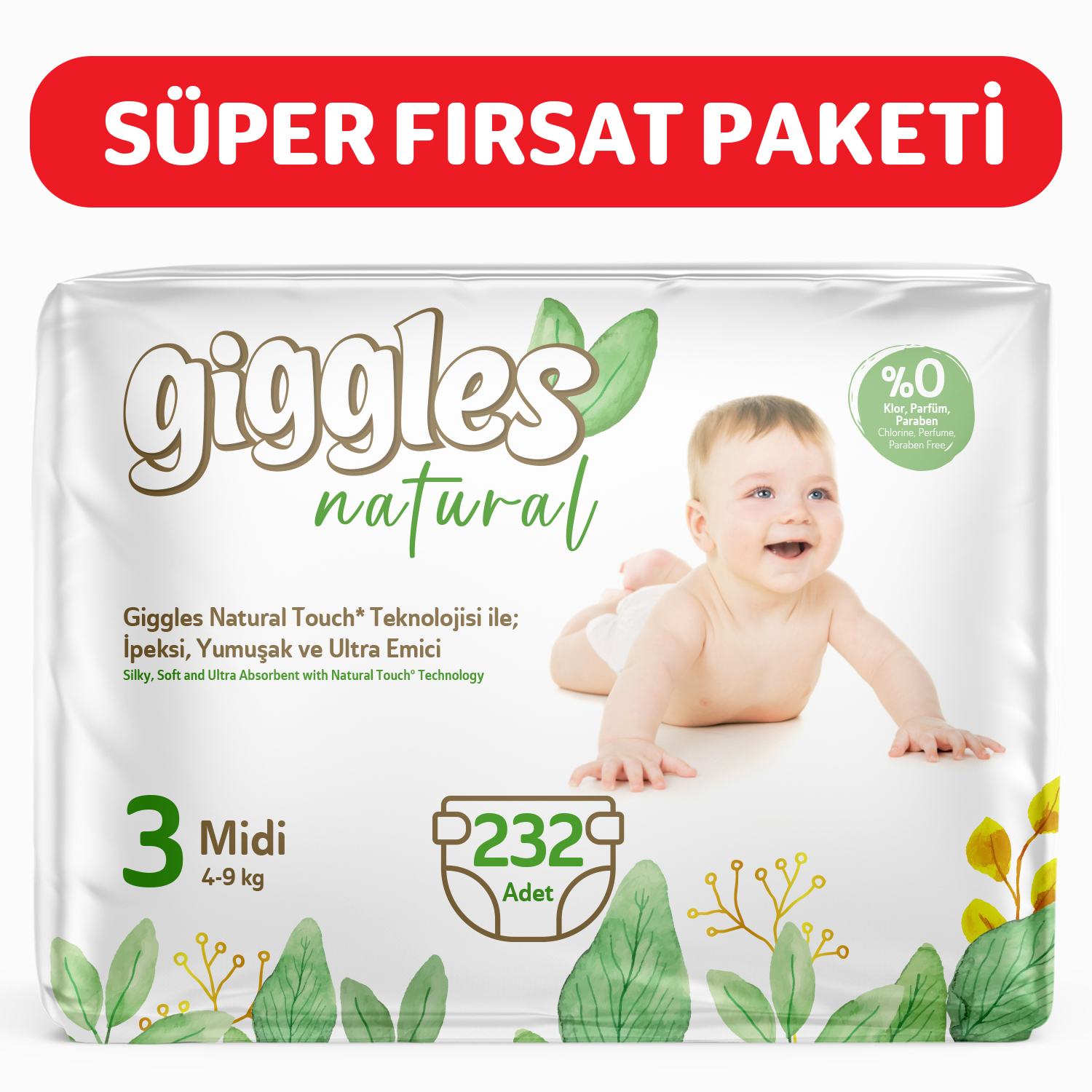 Giggles Natural 3 Numara Midi Pamuklu Bebek bezi 232 Adet