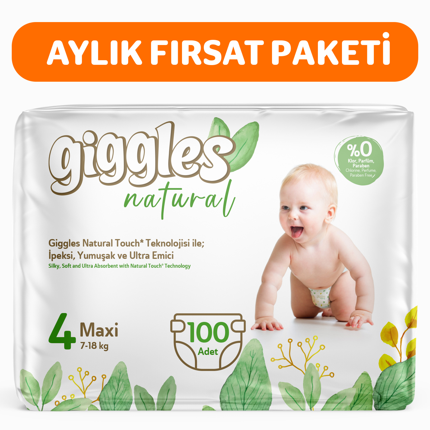 Giggles Natural 4 Numara Maxi Pamuklu Bebek bezi 100 Adet