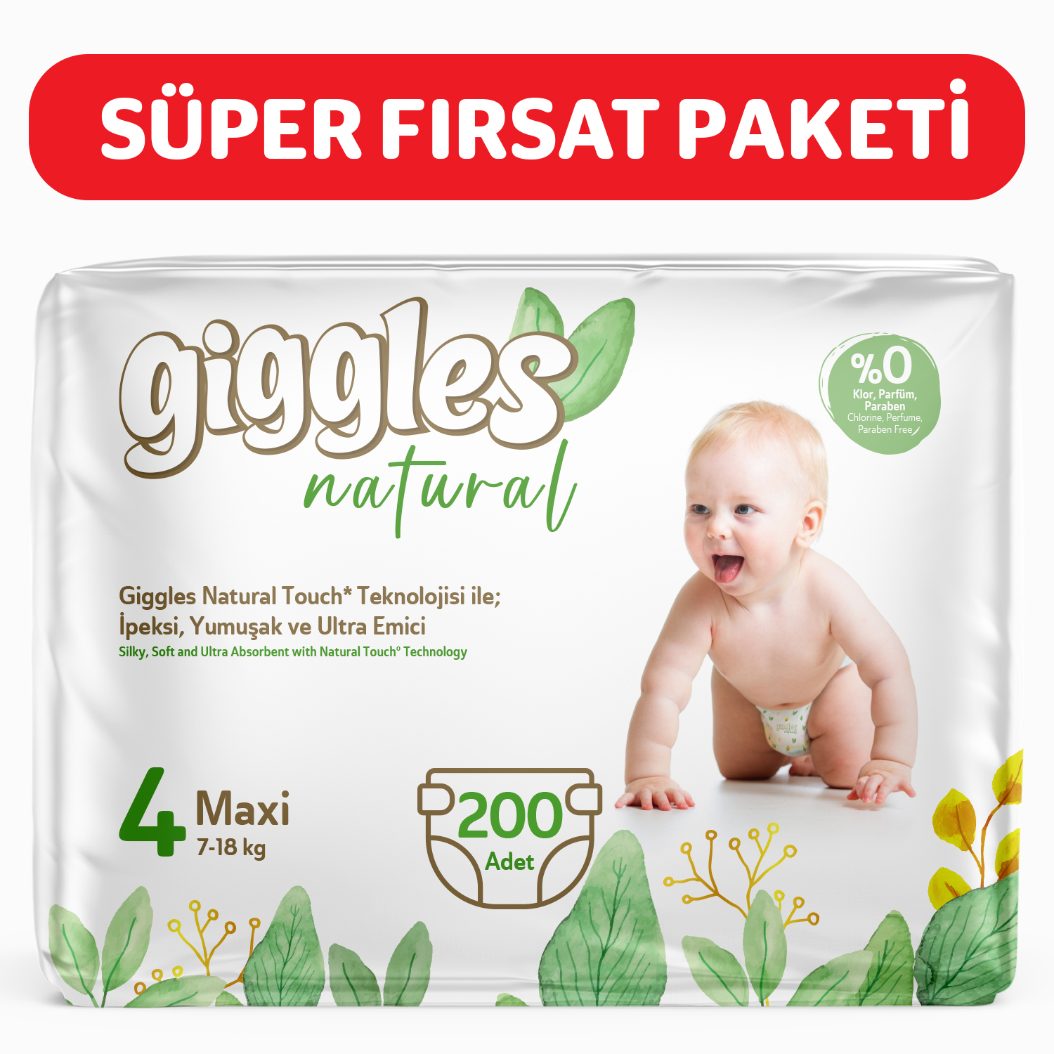 Giggles Natural 4 Numara Maxi Pamuklu Bebek bezi 200 Adet