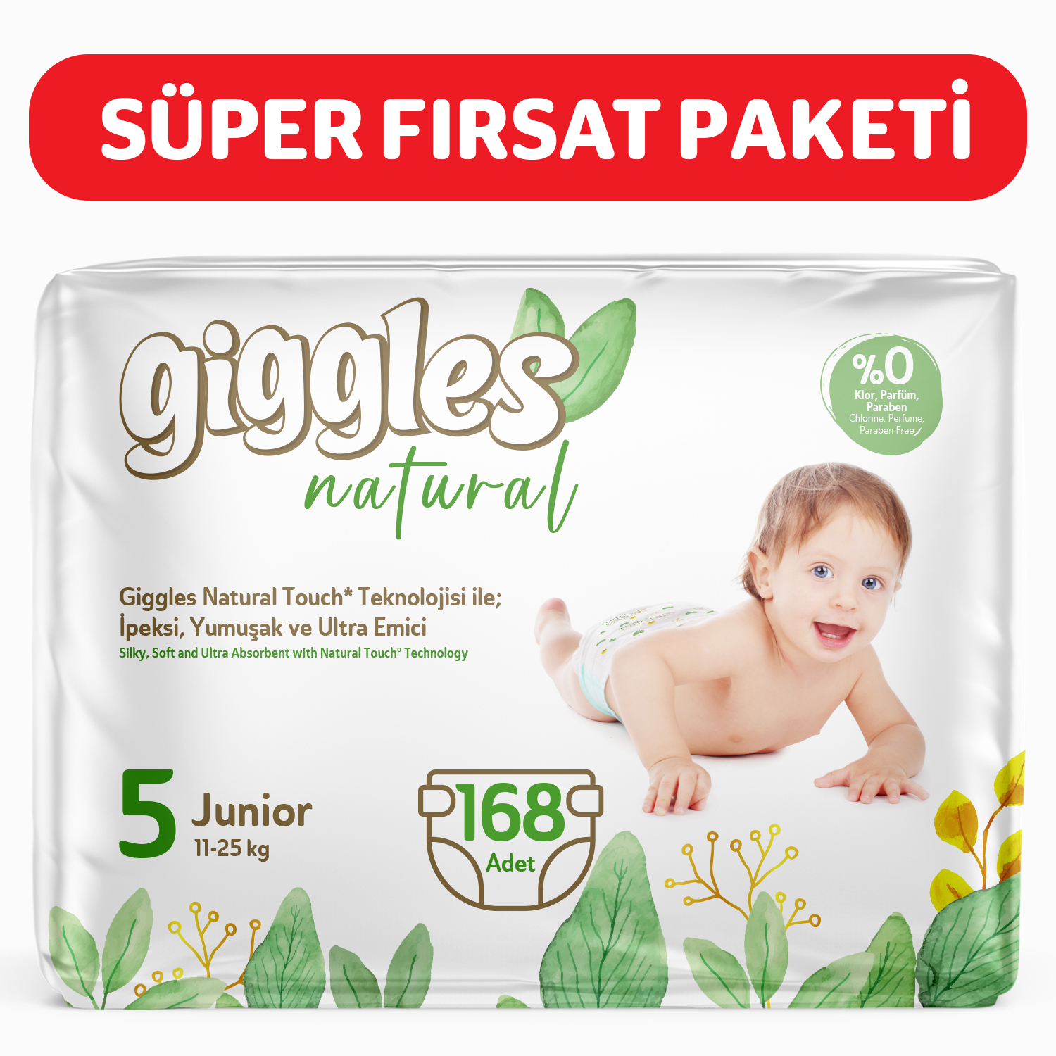 Giggles Natural 5 Numara Juniour Pamuklu Bebek bezi 168 Adet