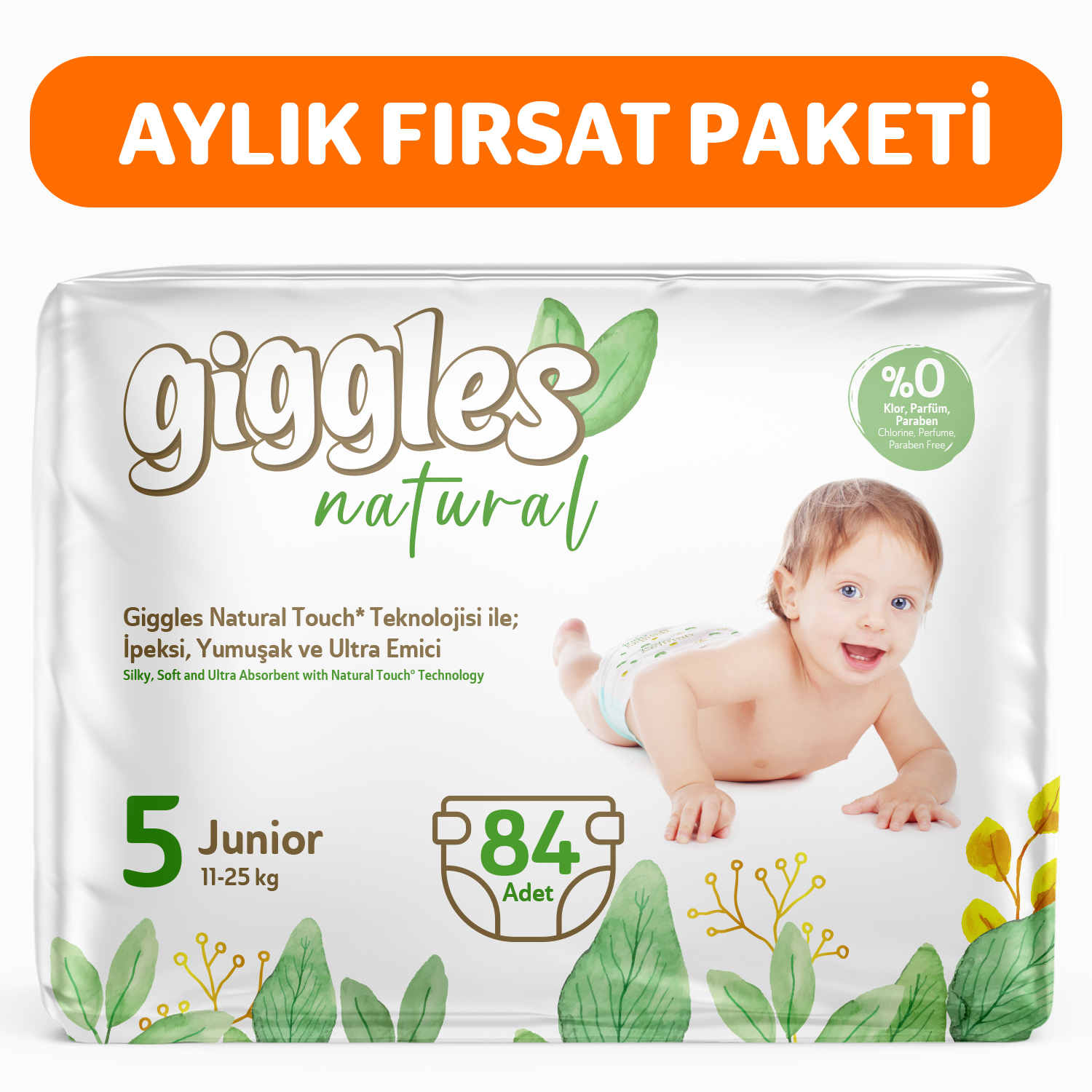 Giggles Natural 5 Numara Juniour Pamuklu Bebek bezi 84 Adet