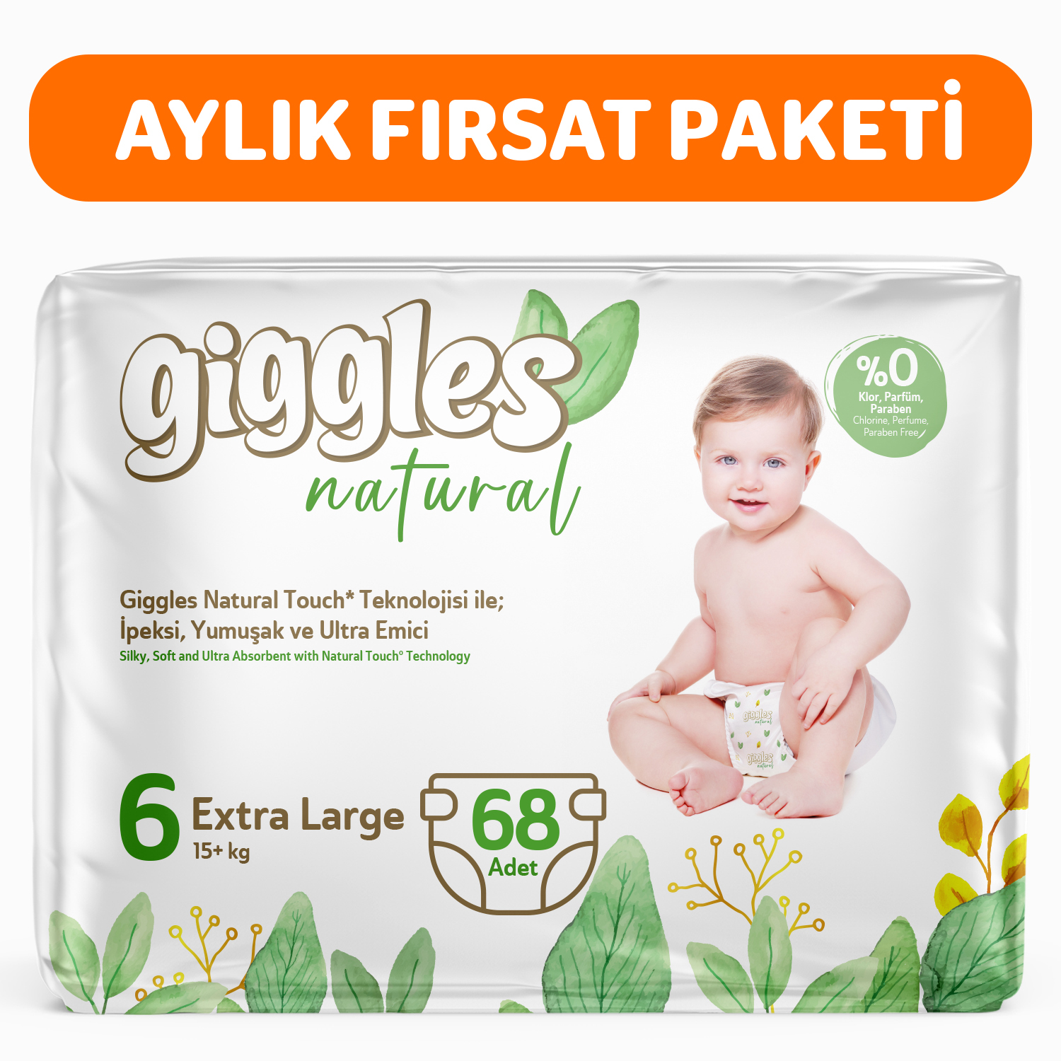 Giggles Natural 6 Numara Junior Plus Pamuklu Bebek bezi 68 Adet