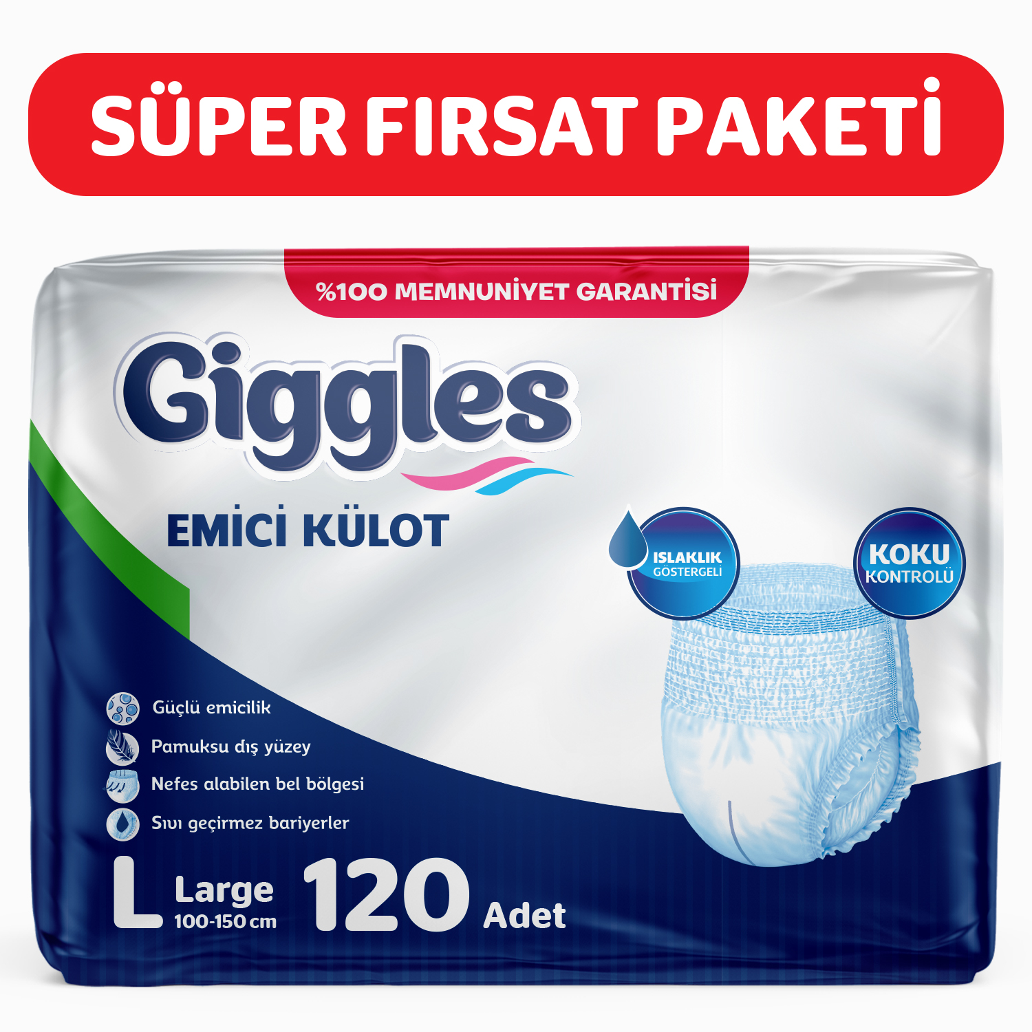 Giggles Yetişkin Emici Külot Large 30'lu 4 Paket 120 Adet + 4 Paket Vücut Temizleme Mendili Hediye