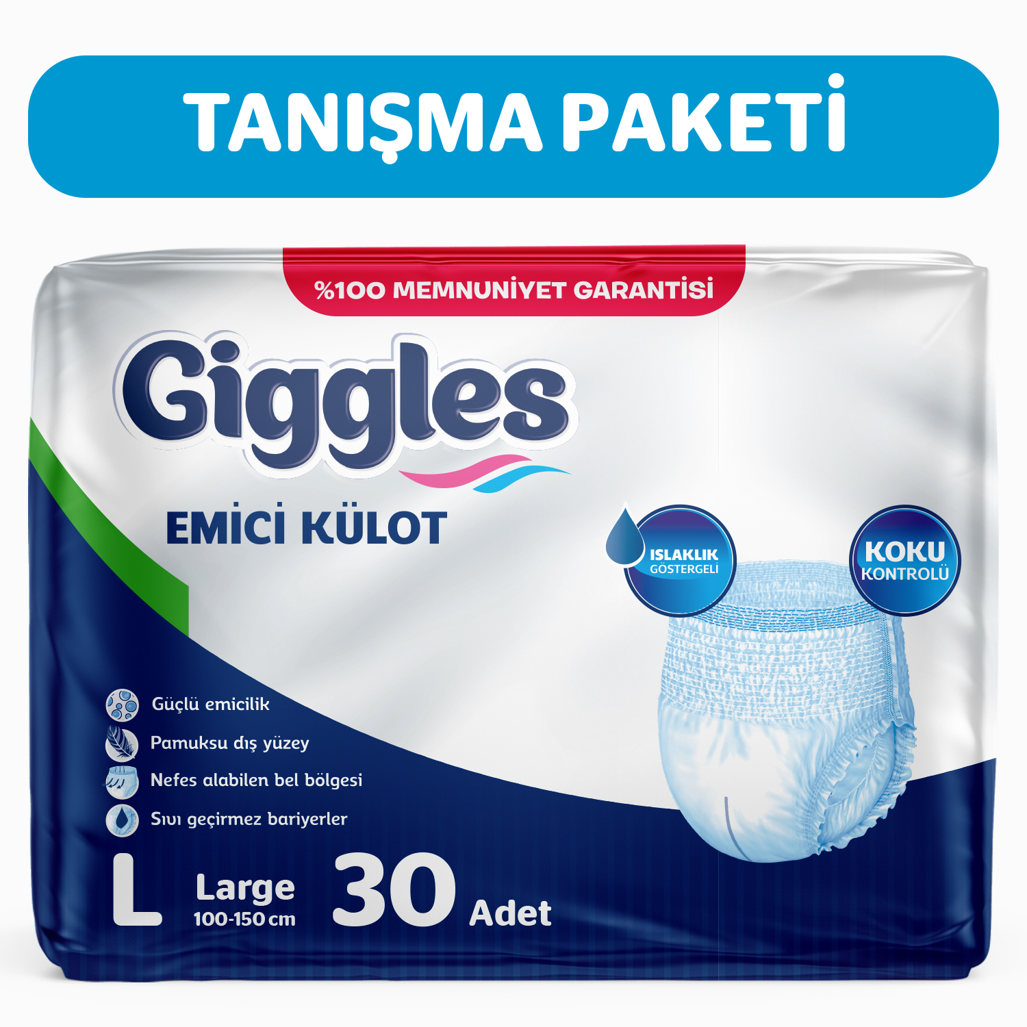 Giggles Yetişkin Emici Külot Large 30'lu 1 Paket 30 Adet + 1 Paket Vücut Temizleme Mendili Hediye