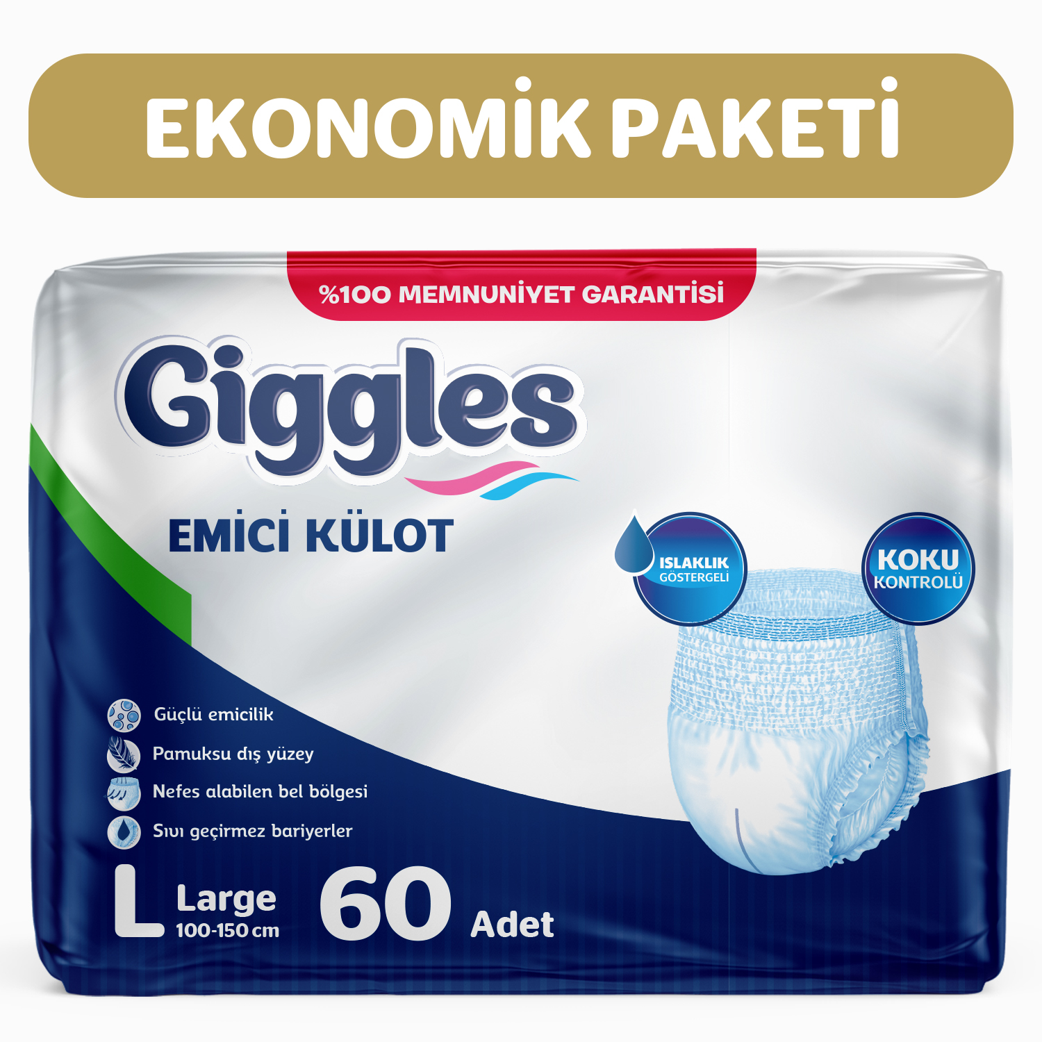 Giggles Yetişkin Emici Külot Large 30'lu 2 Paket 60 Adet + 2 Paket Vücut Temizleme Mendili Hediye