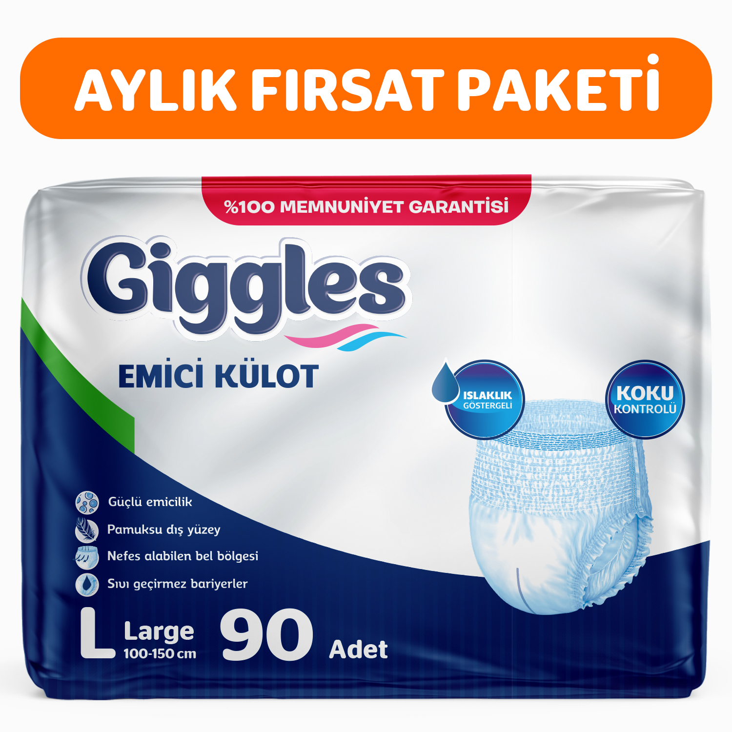 Giggles Yetişkin Emici Külot Large 30'lu 3 Paket 90 Adet + 3 Paket Vücut Temizleme Mendili Hediye