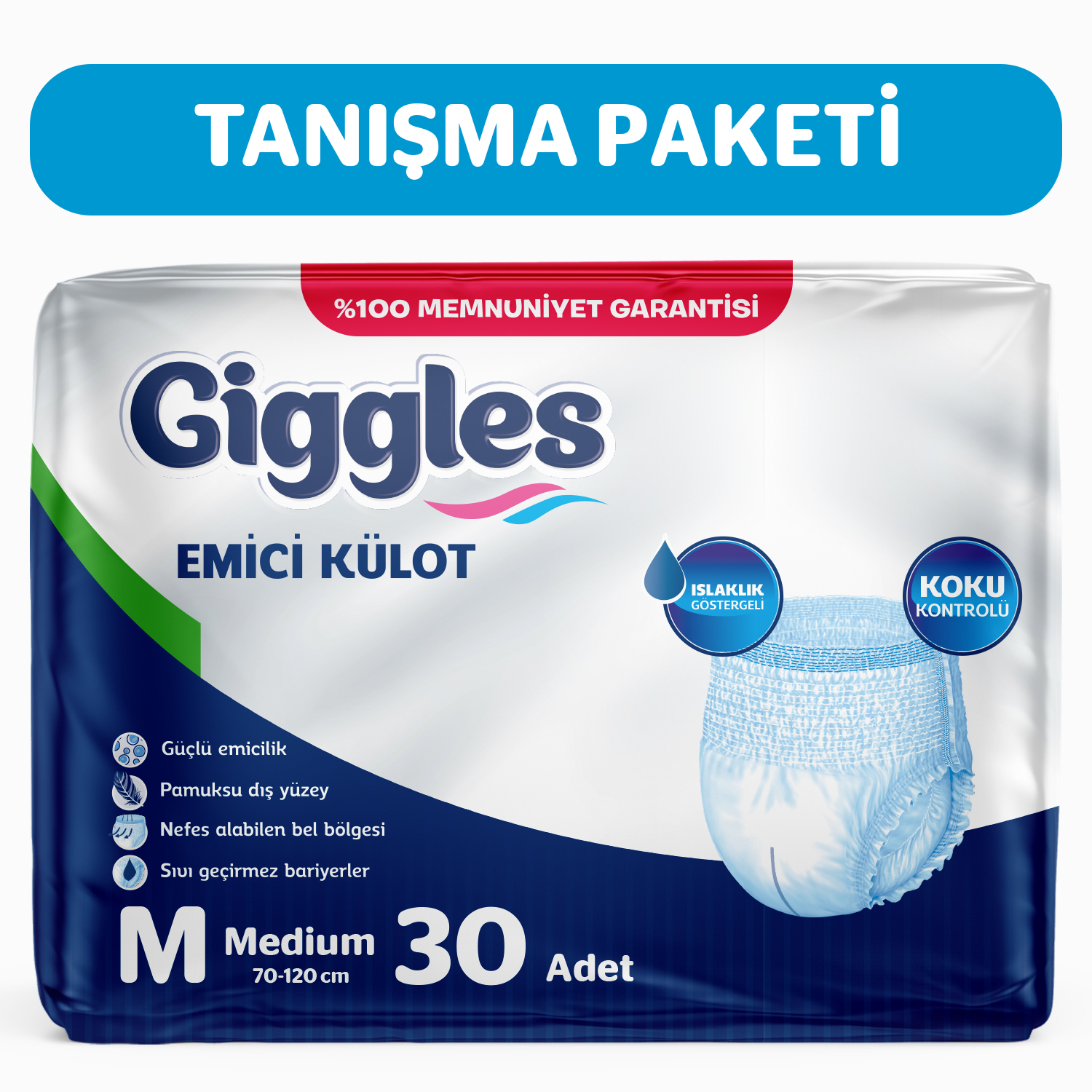 Giggles Yetişkin Emici Külot Medium 30'lu 1 Paket 30 Adet + 1 Paket Vücut Temizleme Mendili Hediye