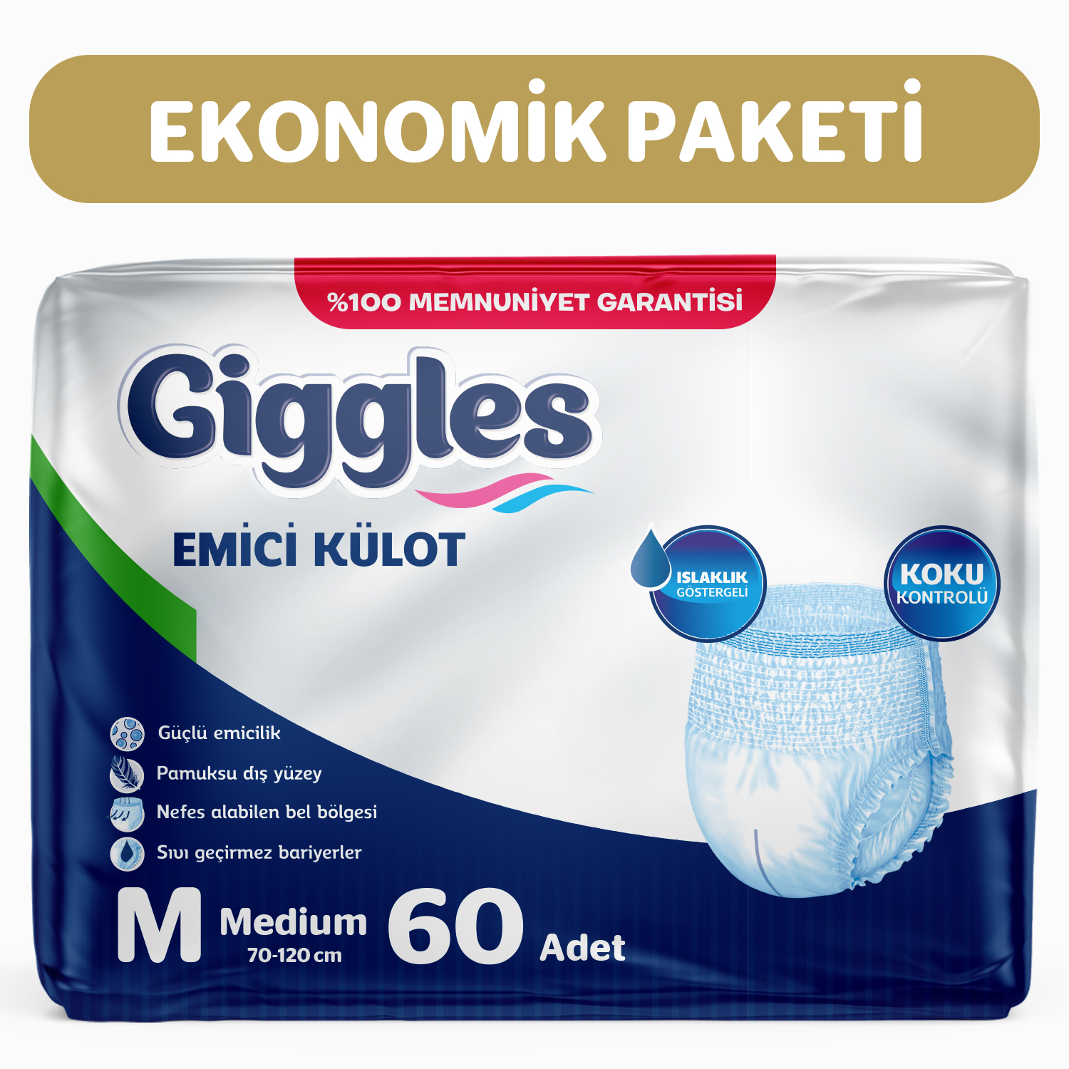 Giggles Yetişkin Emici Külot Medium 30'lu 2 Paket 60 Adet + 2 Paket Vücut Temizleme Mendili Hediye