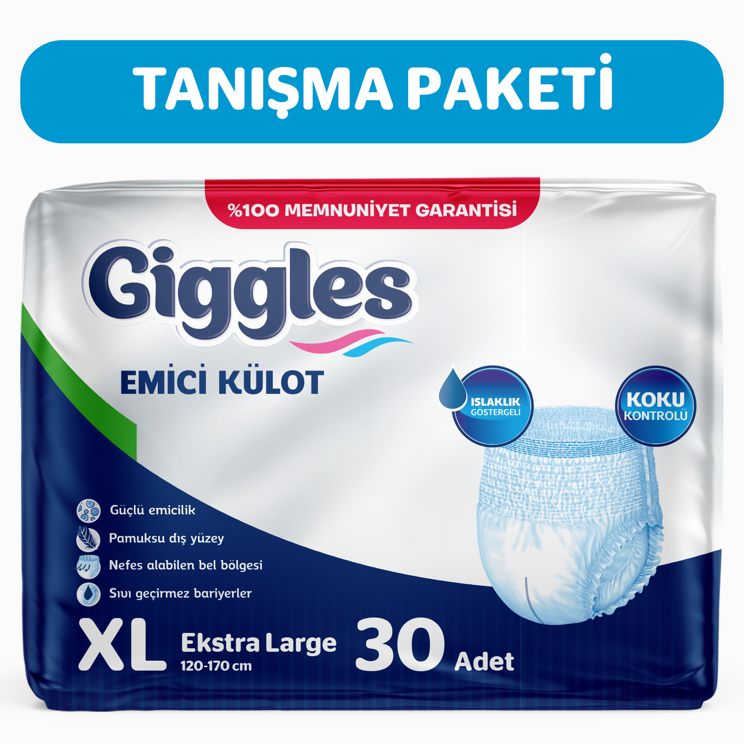 Giggles Yetişkin Emici Külot ExtraLarge 30'lu 1 Paket 30 Adet + 1 Paket Vücut Temizleme Mendili Hediye