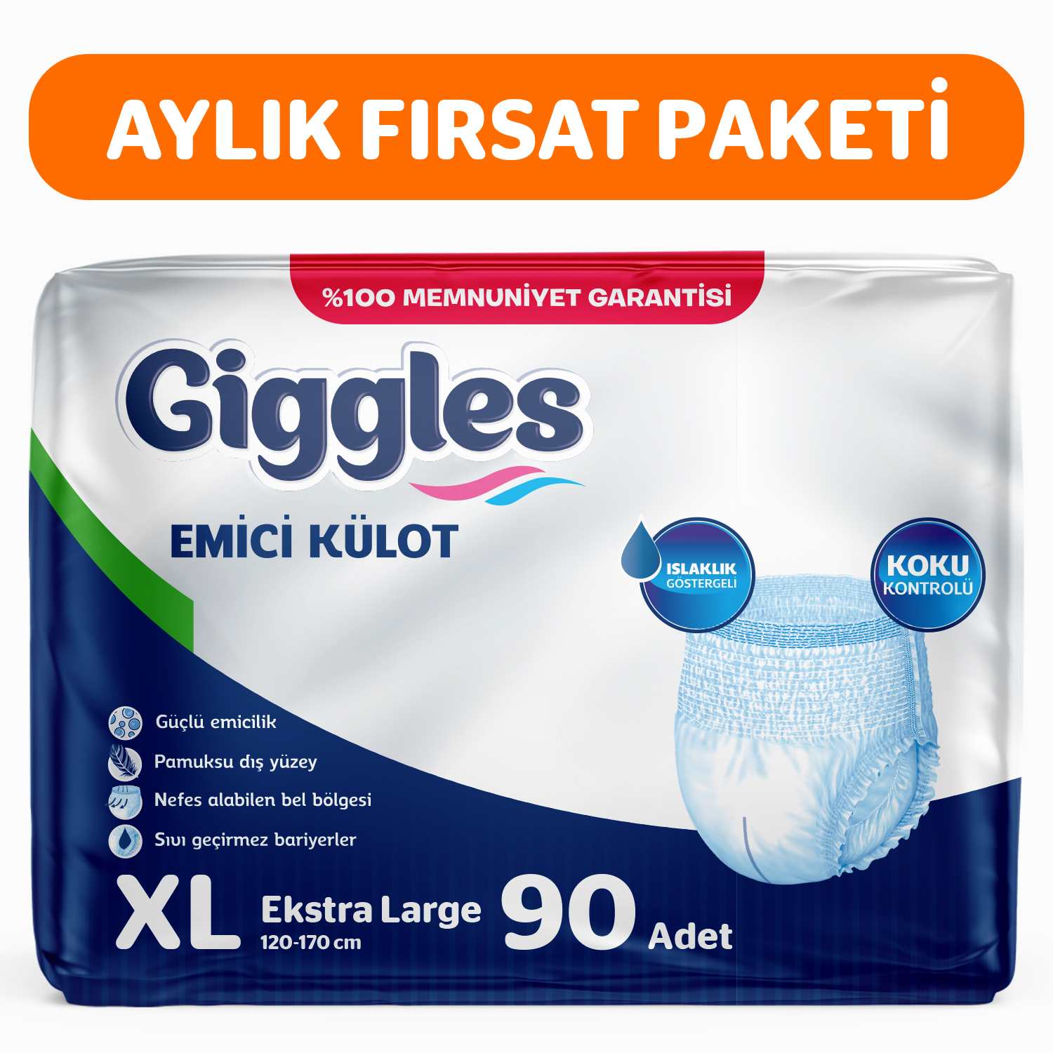 Giggles Yetişkin Emici Külot ExtraLarge 30'lu 3 Paket 90 Adet + 3 Paket Vücut Temizleme Mendili Hediye