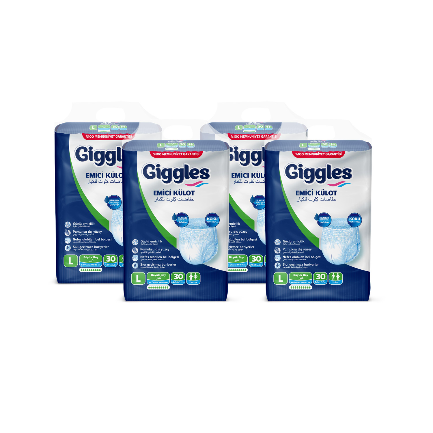 Giggles Yetişkin Emici Külot Large 30'lu 4 Paket 120 Adet + 4 Paket Vücut Temizleme Mendili Hediye