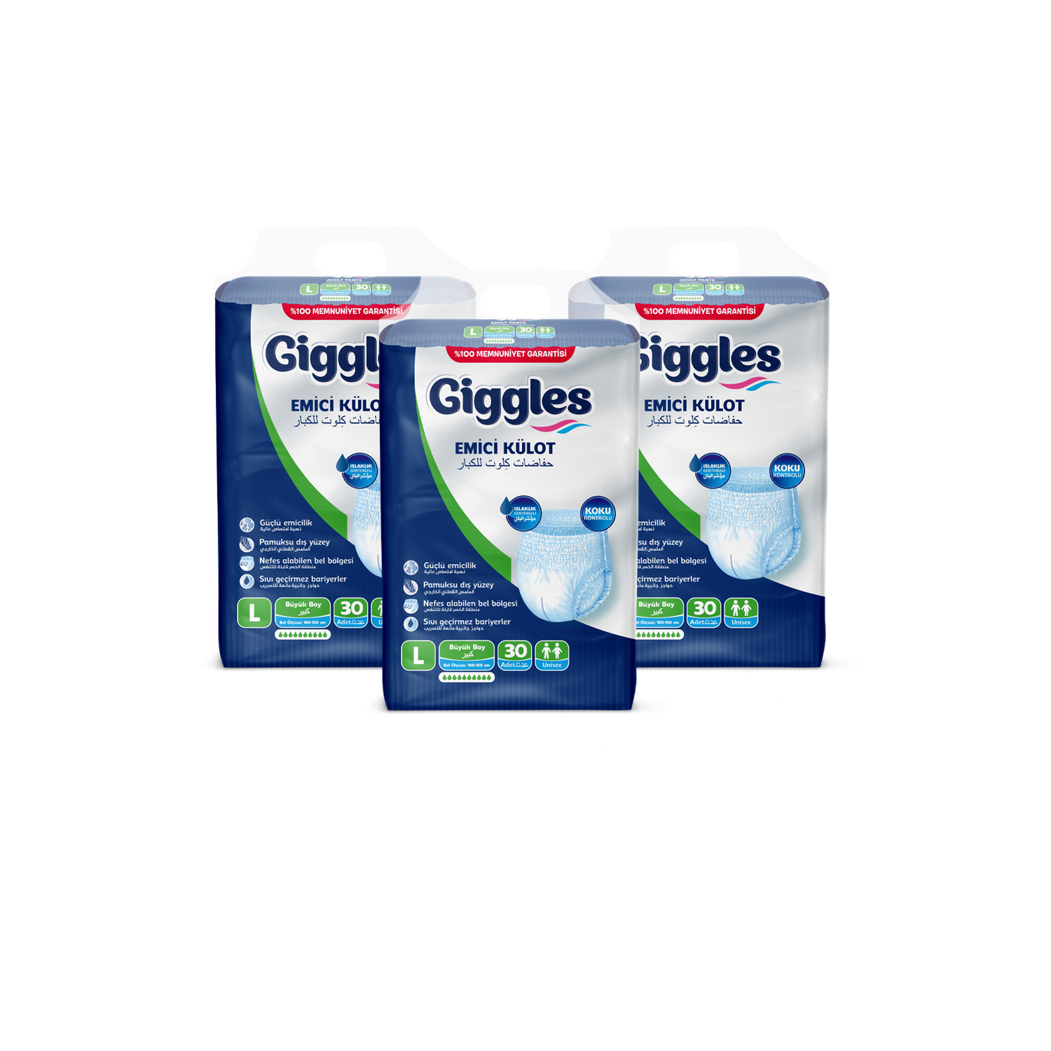 Giggles Yetişkin Emici Külot Large 30'lu 3 Paket 90 Adet + 3 Paket Vücut Temizleme Mendili Hediye