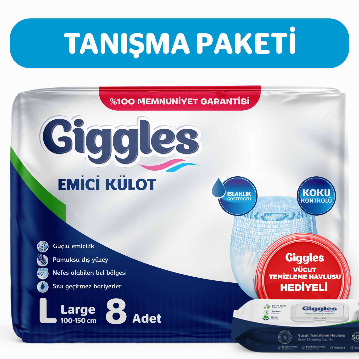 Giggles Yetişkin Emici Külot Large 8'li 1 Paket 8 Adet - Giggles Vücut Temizleme Mendili Hediye'li