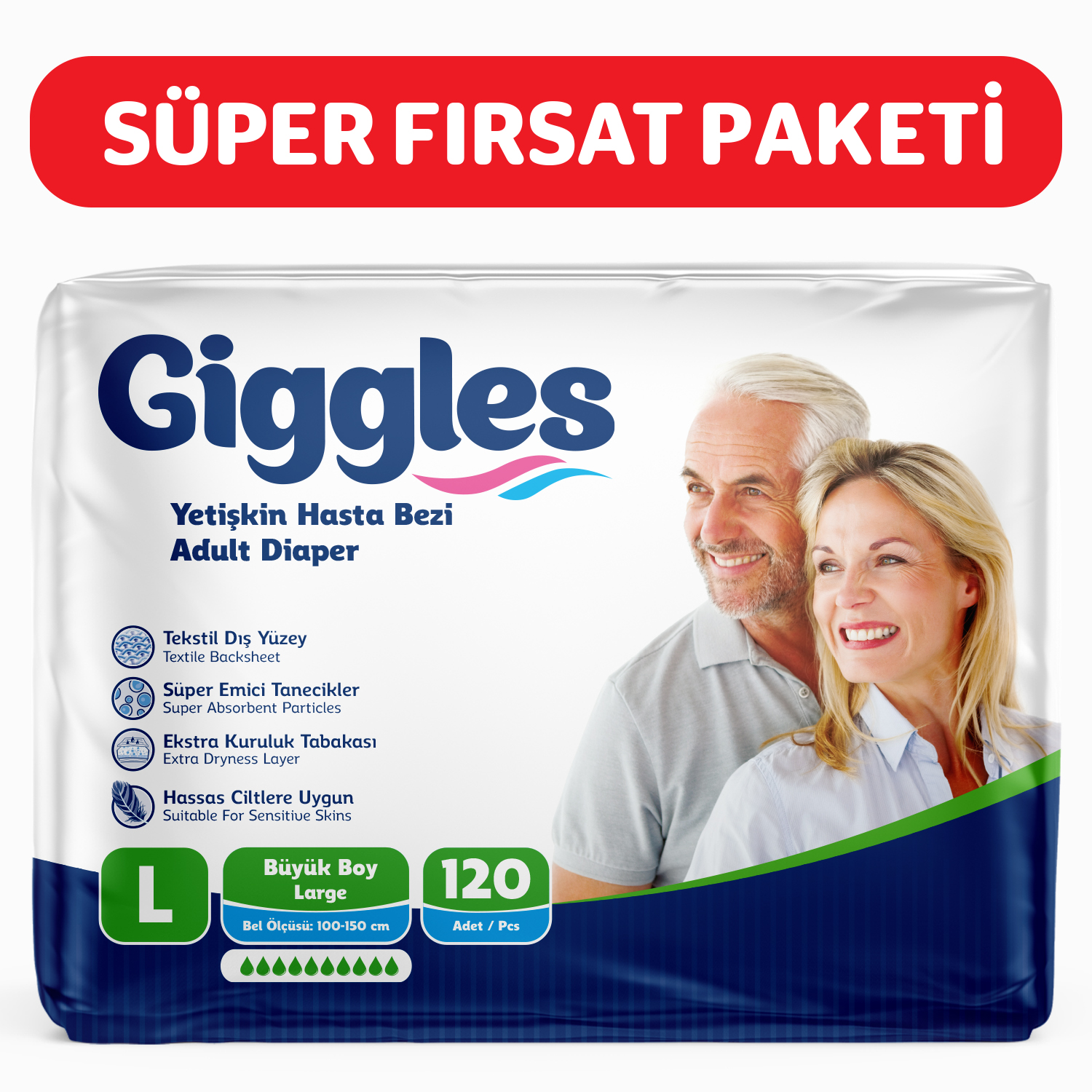 Giggles Yetişkin Bel Bağlamalı Hasta Bezi Large 30'lu 4 Paket 120 Adet