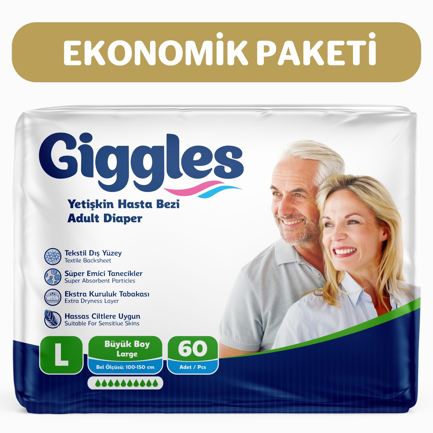 Giggles Yetişkin Bel Bağlamalı Hasta Bezi Large 30'lu 2 Paket 60 Adet