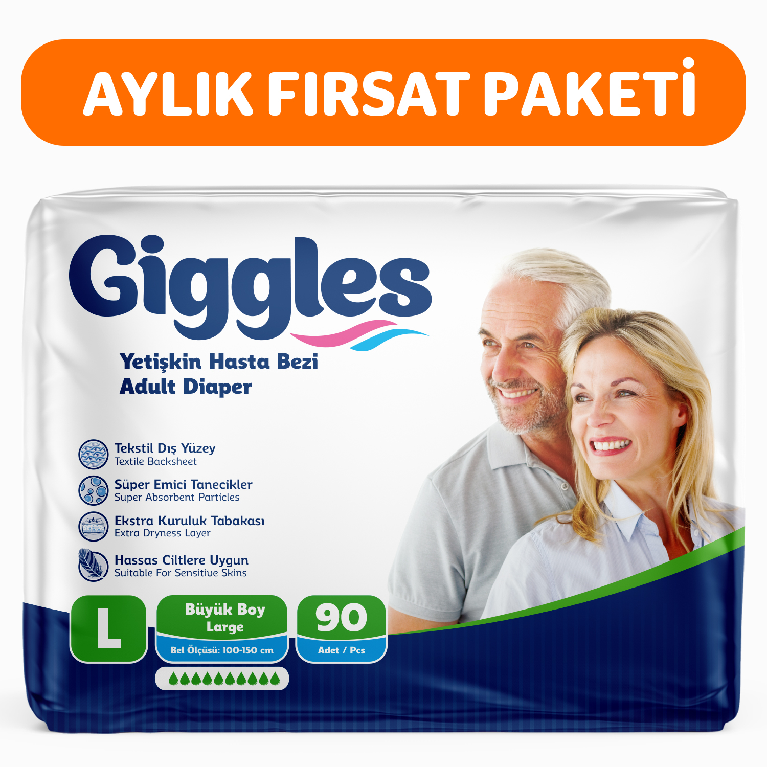 Giggles Yetişkin Bel Bağlamalı Hasta Bezi Large 30'lu 3 Paket 90 Adet