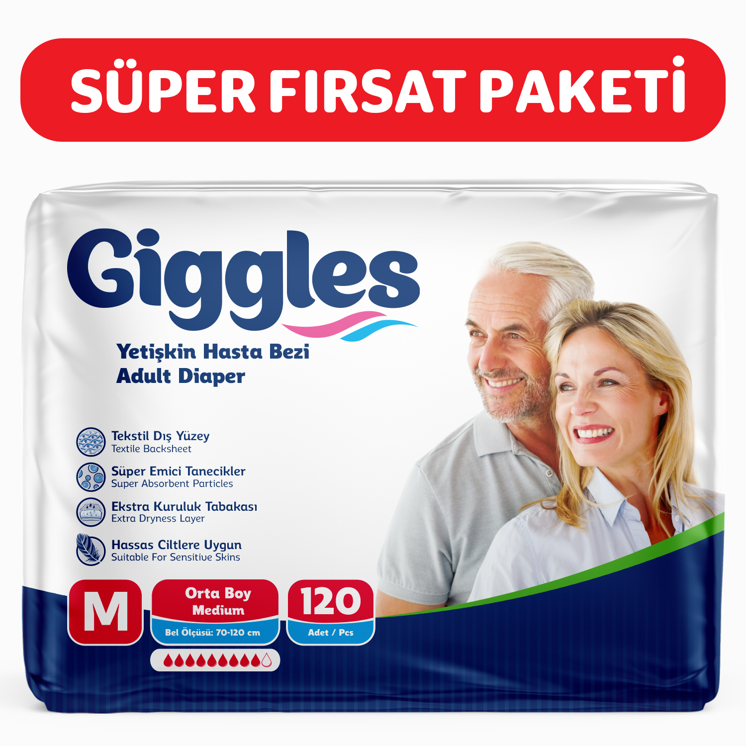 Giggles Yetişkin Bel Bağlamalı Hasta Bezi Medium 30'lu 4 Paket 120 Adet