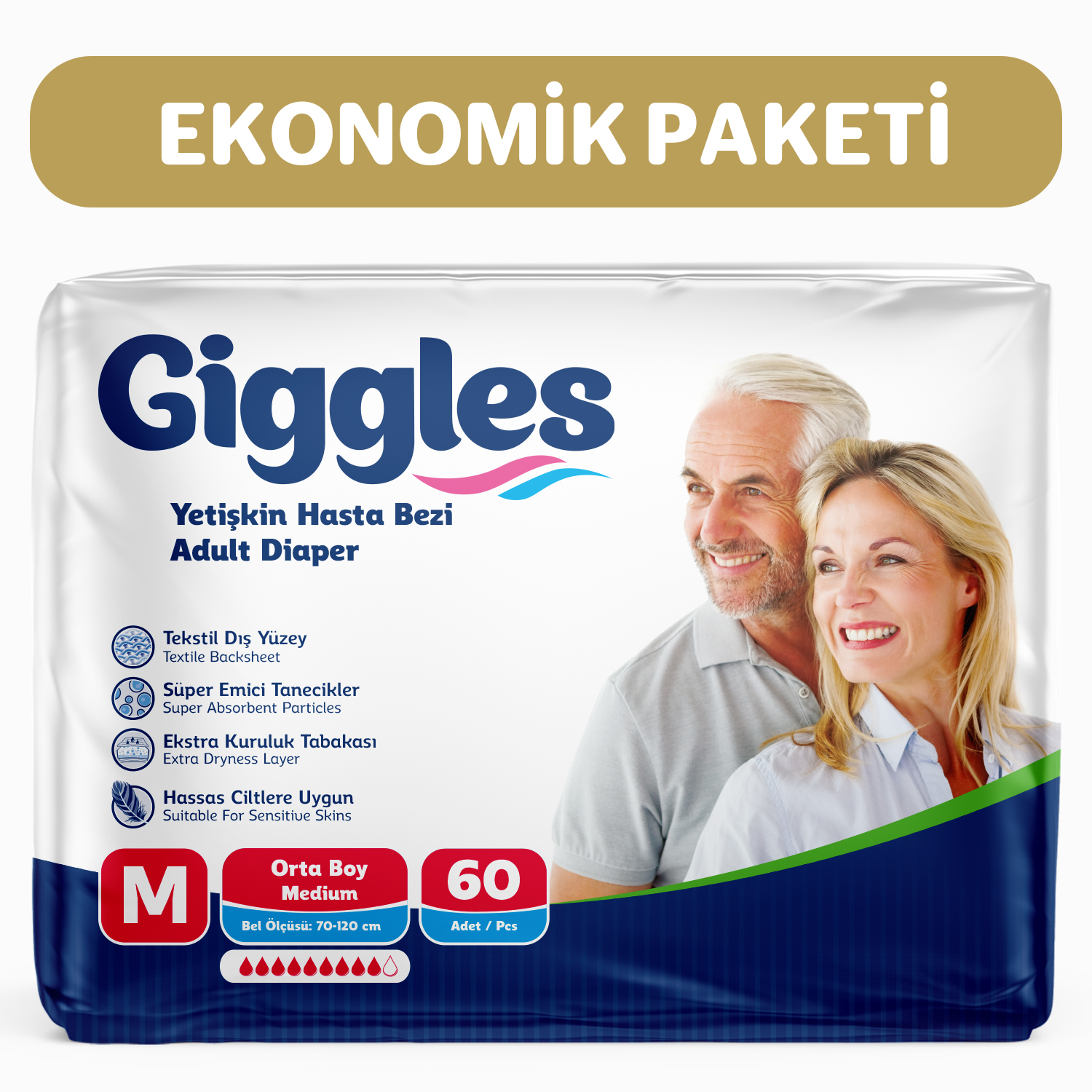 Giggles Yetişkin Bel Bağlamalı Hasta Bezi Medium 30'lu 2 Paket 60 Adet