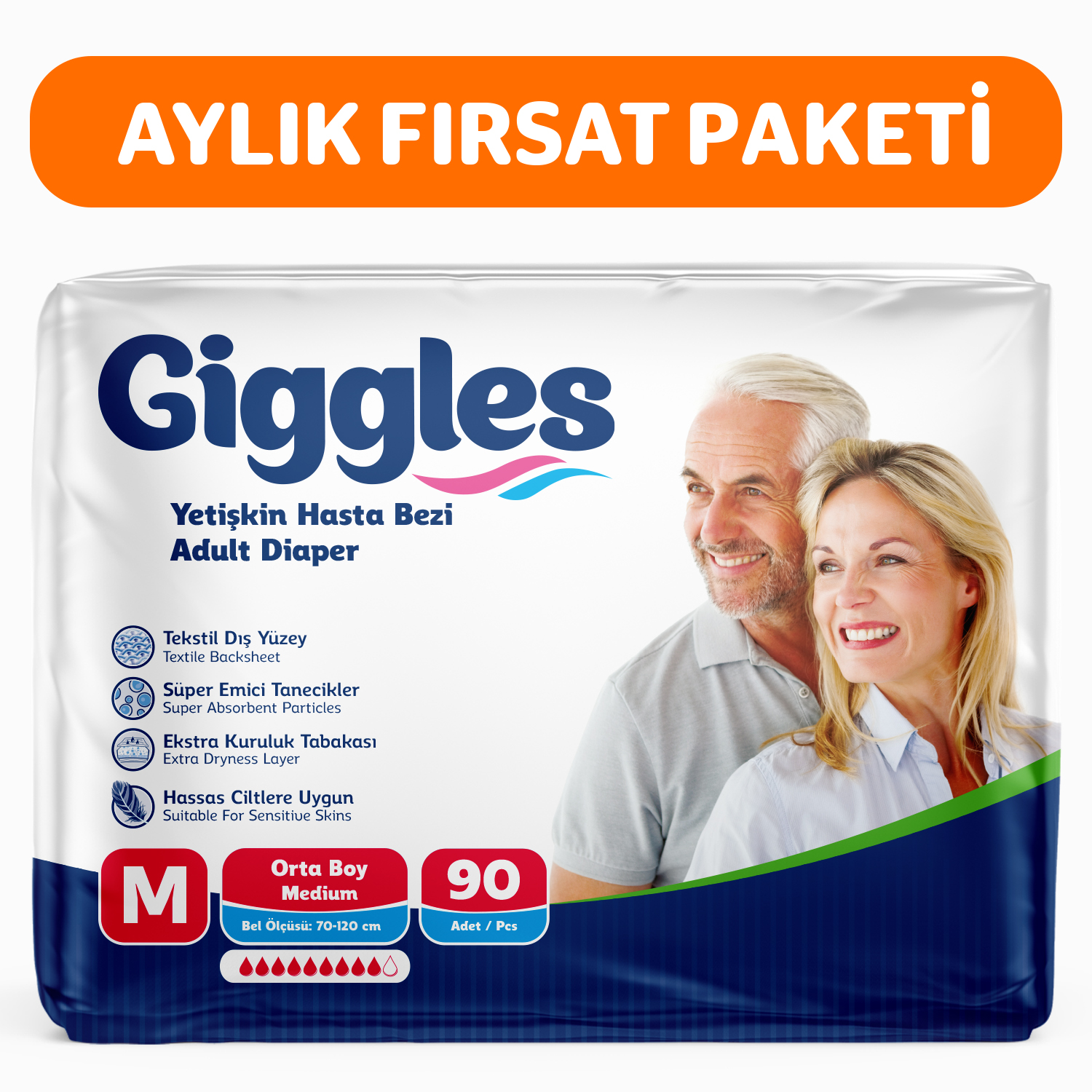 Giggles Yetişkin Bel Bağlamalı Hasta Bezi Medium 30'lu 3 Paket 90 Adet