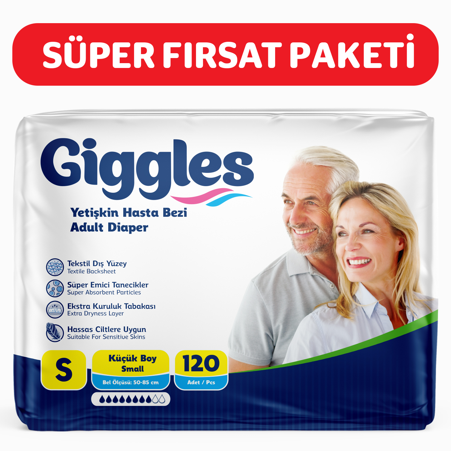 Giggles Yetişkin Bel Bağlamalı Hasta Bezi Small 30'lu 4 Paket 120 Adet