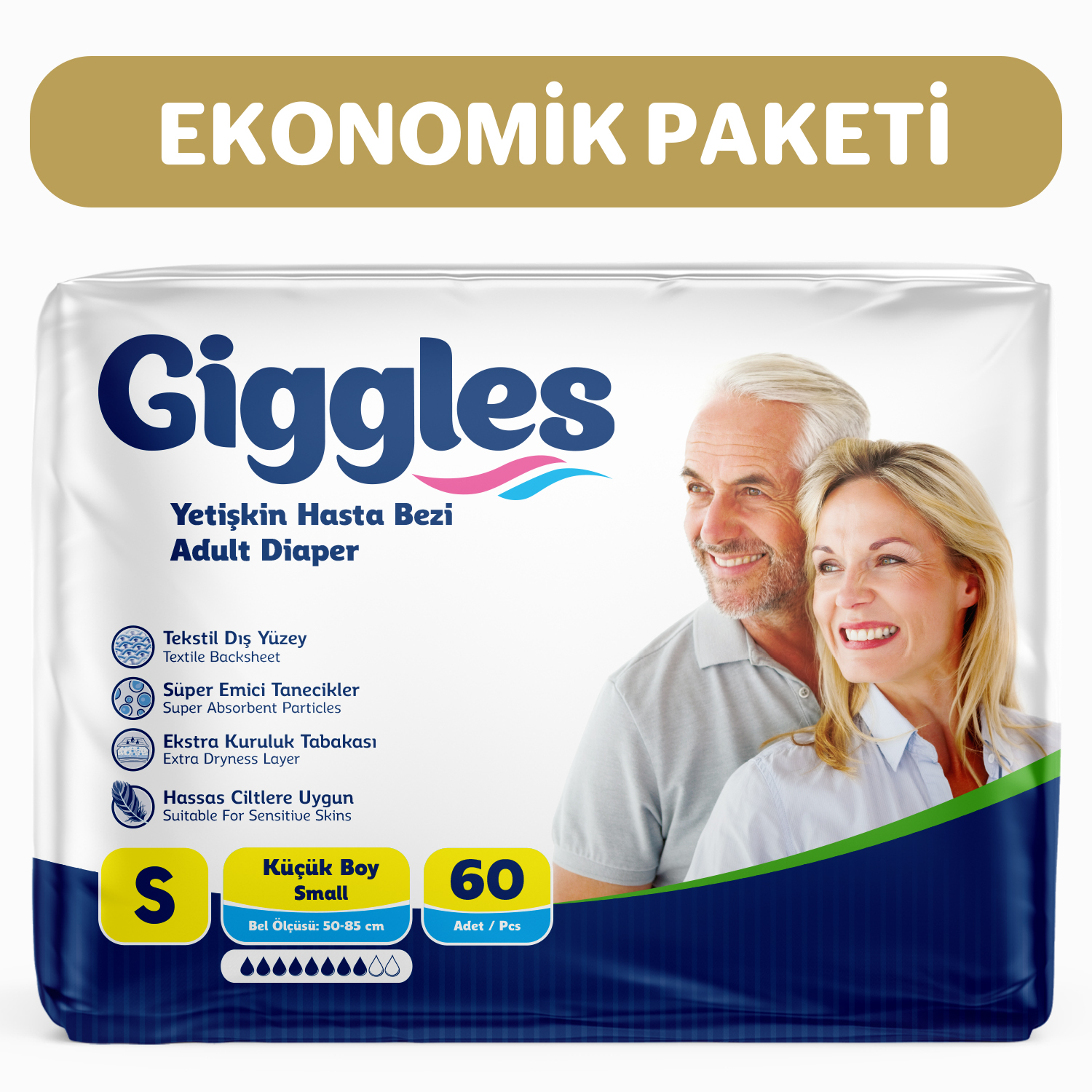 Giggles Yetişkin Bel Bağlamalı Hasta Bezi Small 30'lu 2 Paket 60 Adet