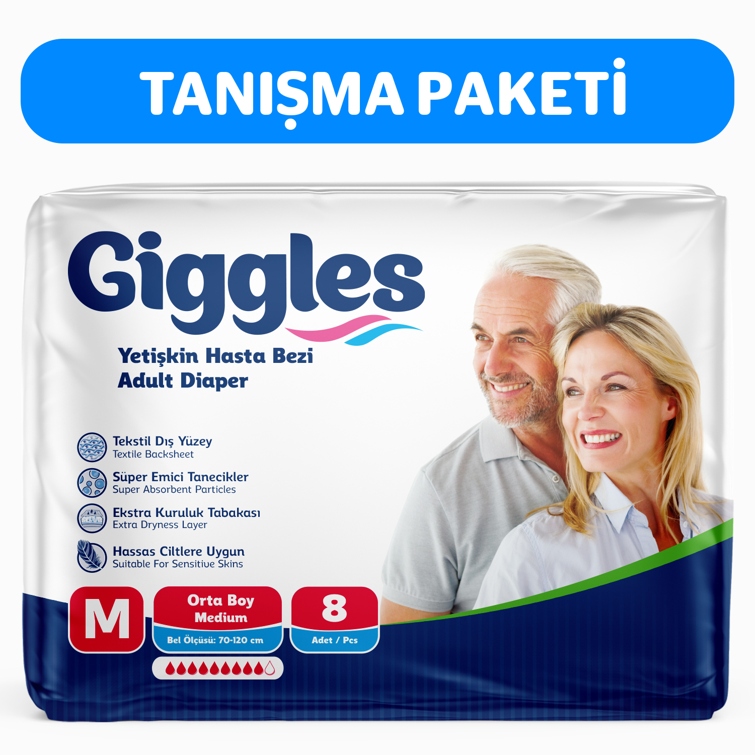 Giggles Yetişkin Bel Bağlamalı Hasta Bezi Medium 8'li 1 Paket 8 Adet