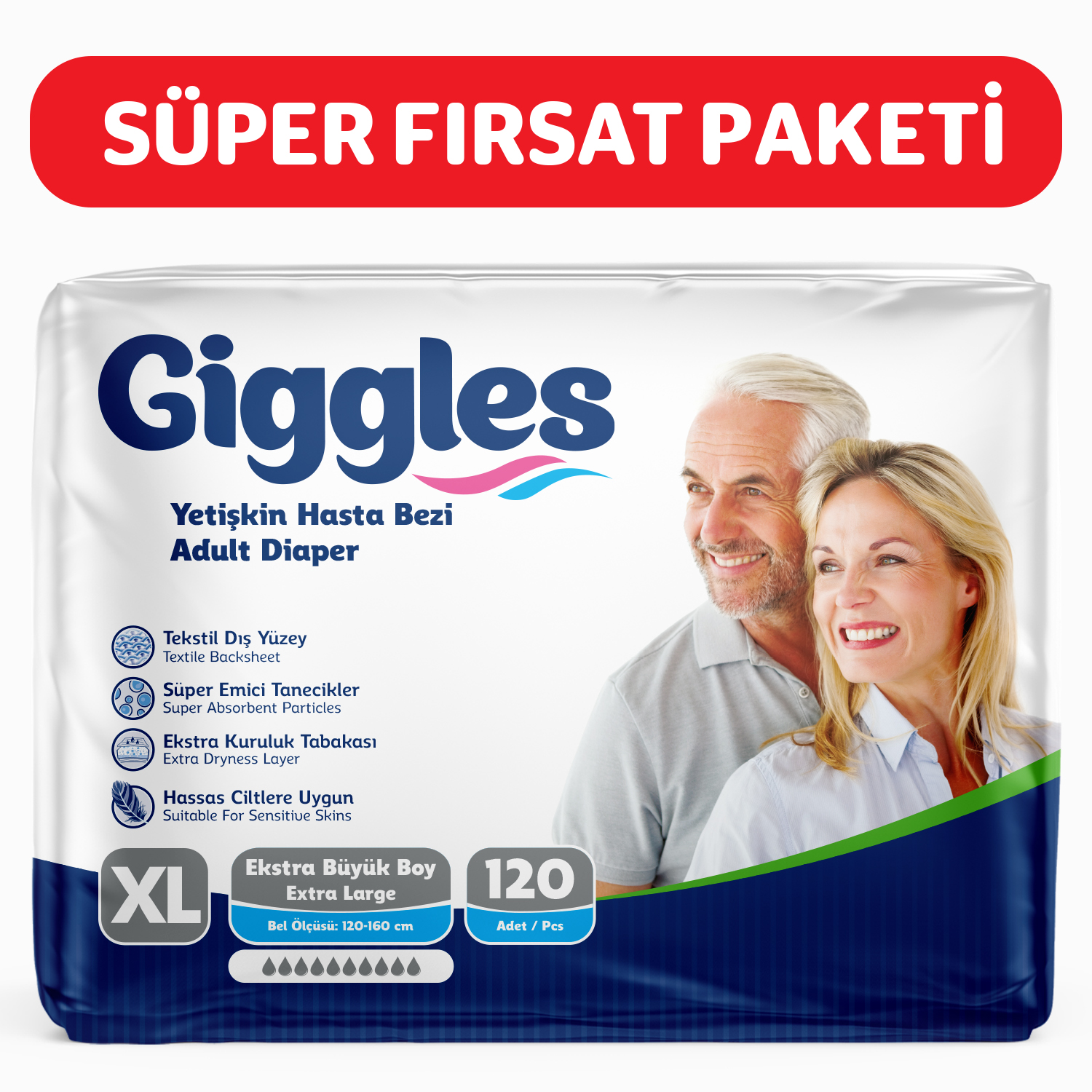 Giggles Yetişkin Bel Bağlamalı Hasta Bezi ExtraLarge 30'lu 4 Paket 120 Adet