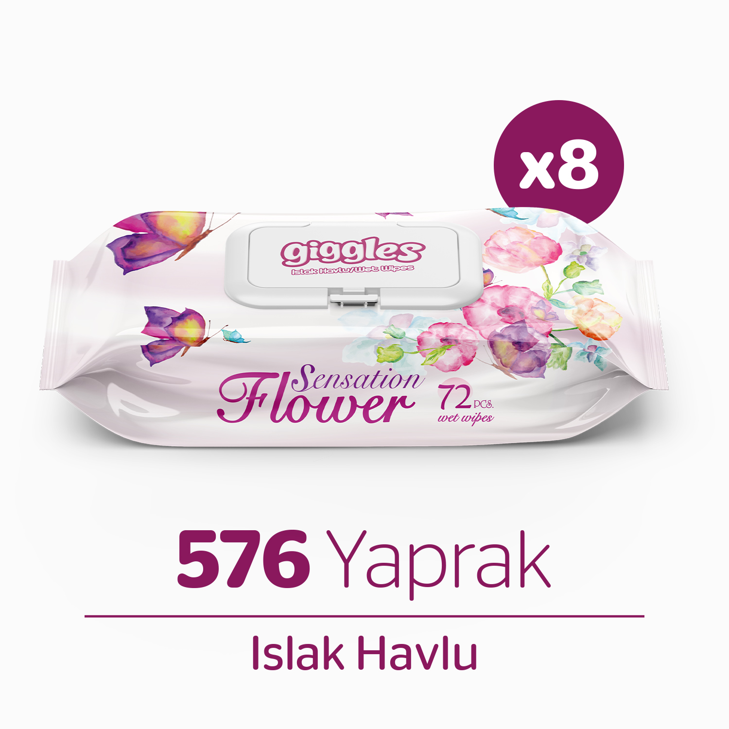 Giggles Sensation Flower Islak Havlu 72'li 8 Paket 576 Mendil