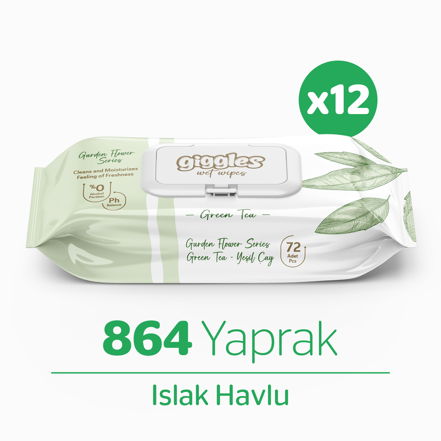 Giggles Islak Havlu 72'li Yeşilçay 12 Paket 864 Mendil