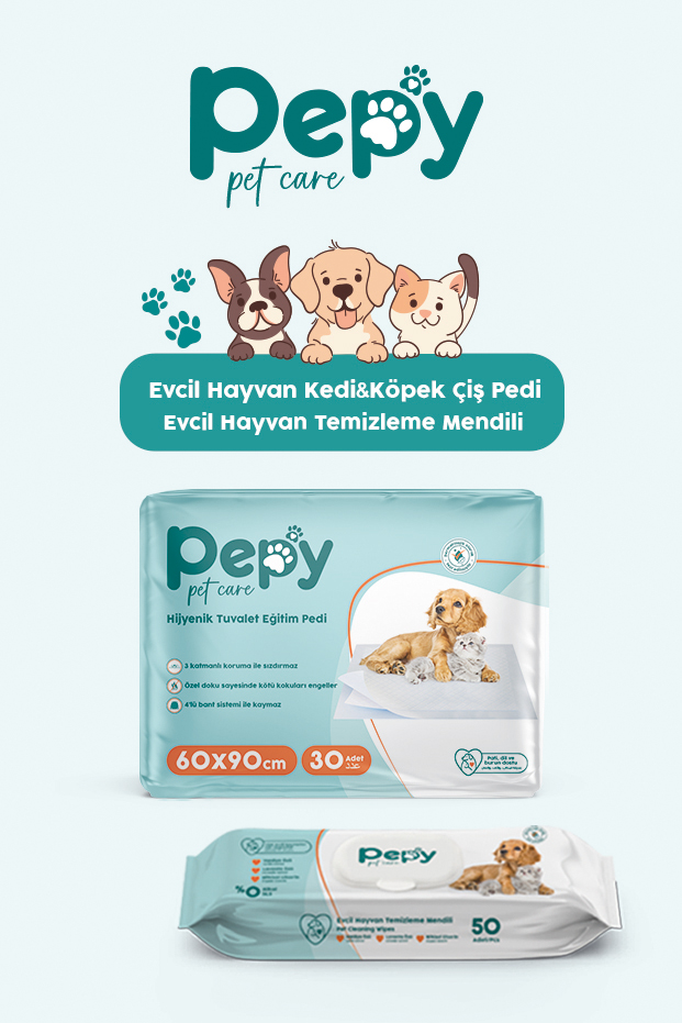 PEPY Kedi Ve Köpek Kullanımına Uygun Çiş Pedi Yatak Koruyucu 60x90cm + Evcil Hayvan Temizleme Mendili