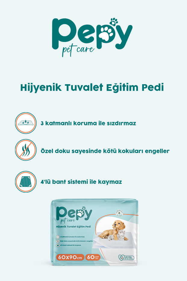 PEPY Çiş Pedi Yatak Koruyucu 60x90cm 2 paket 60 Adet + Evcil Hayvan Temizleme Mendili 2 paket 100 Adet