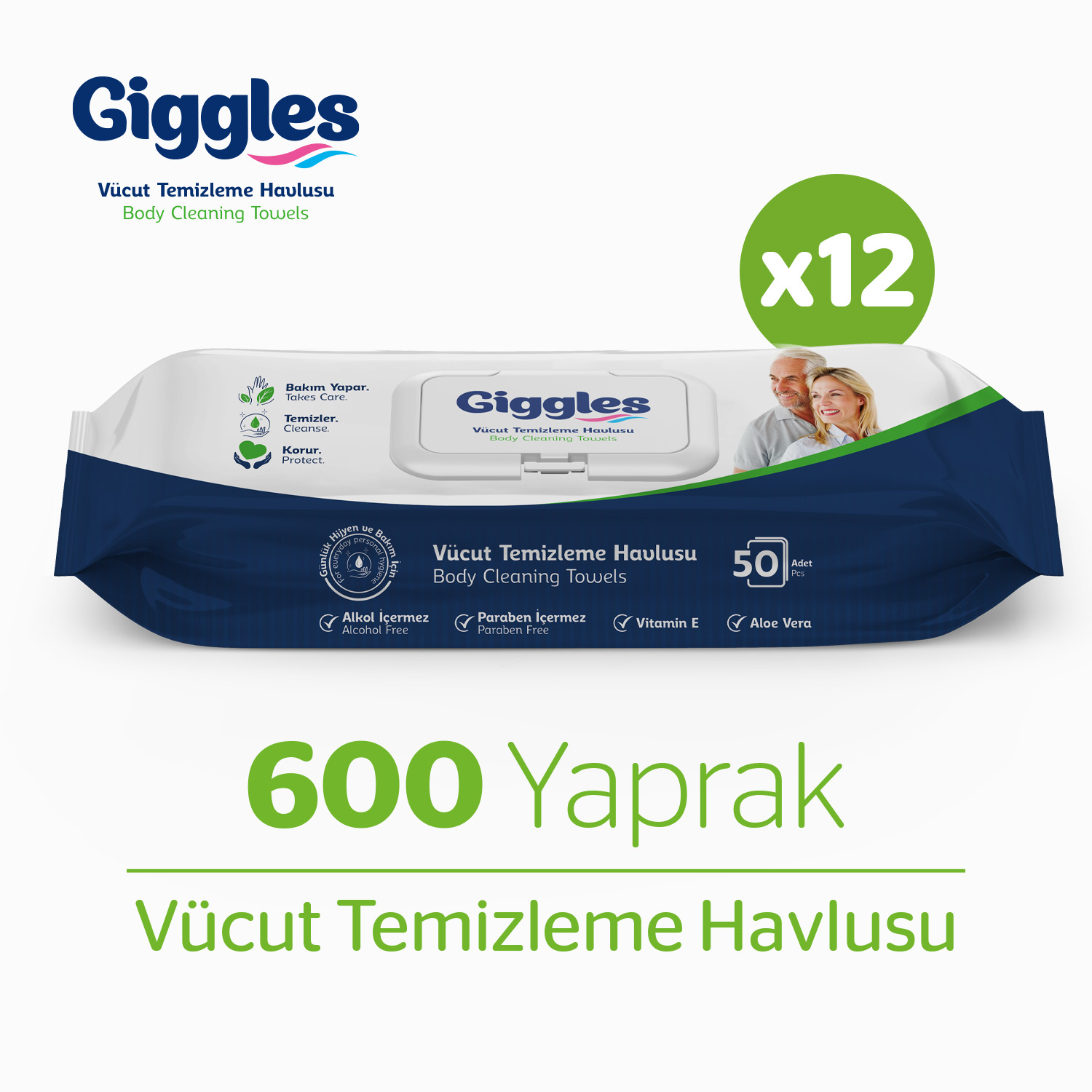 Giggles Vücut Temizleme Havlusu 50'li 12 Paket 600 Havlu