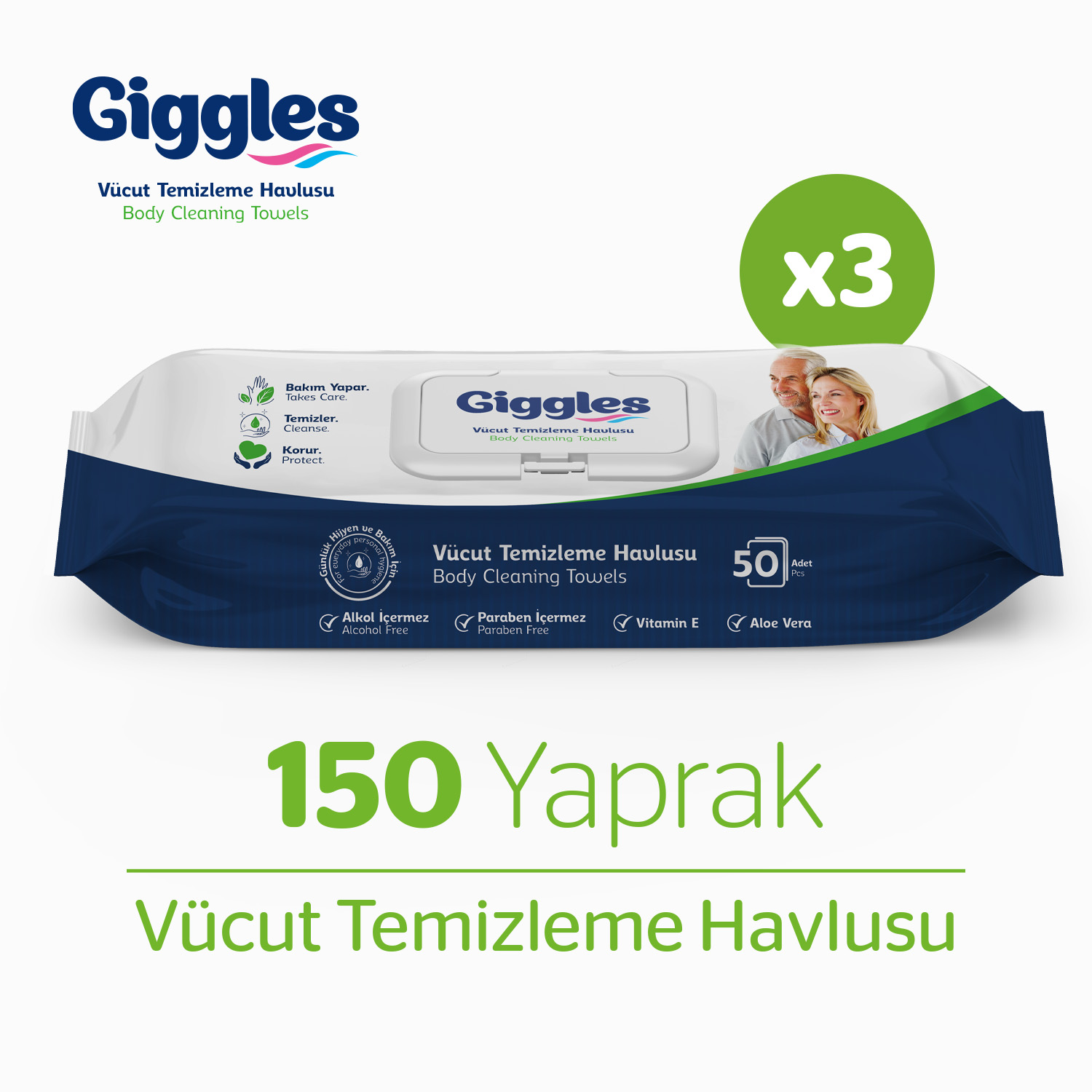 Giggles Vücut Temizleme Havlusu 50'li 3 Paket 150 Havlu