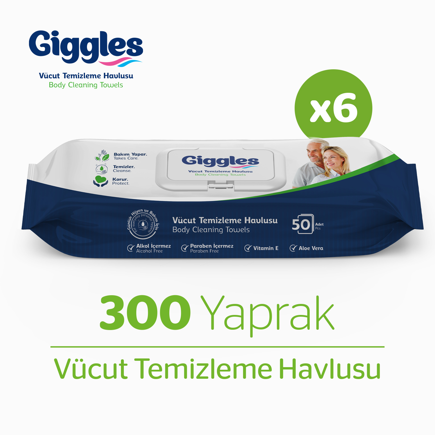 Giggles Vücut Temizleme Havlusu 50'li 6 Paket 300 Havlu