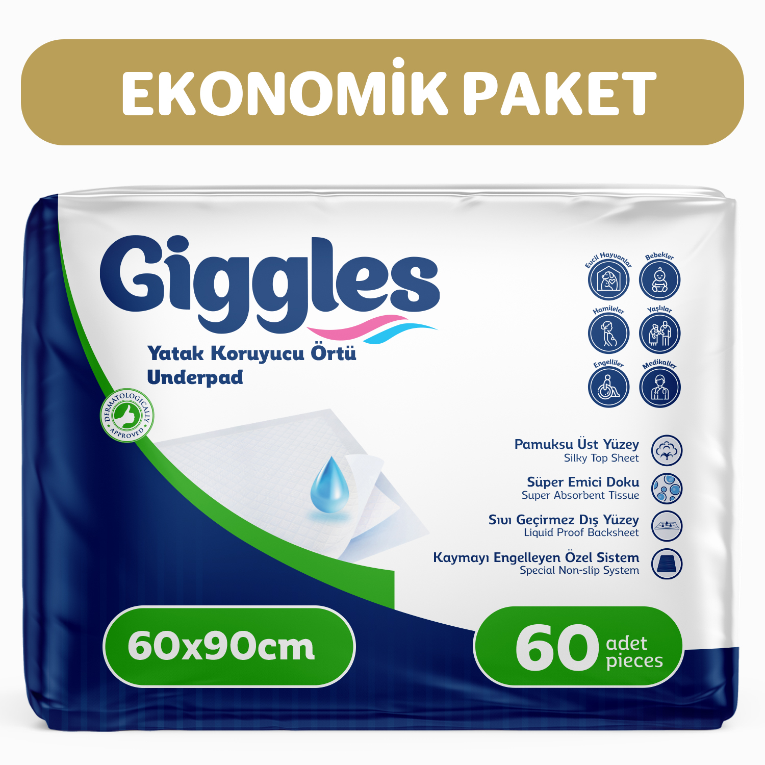 Giggles 60x90 Yatak Koruyucu Örtü 30'lu 2 Paket 60 Adet