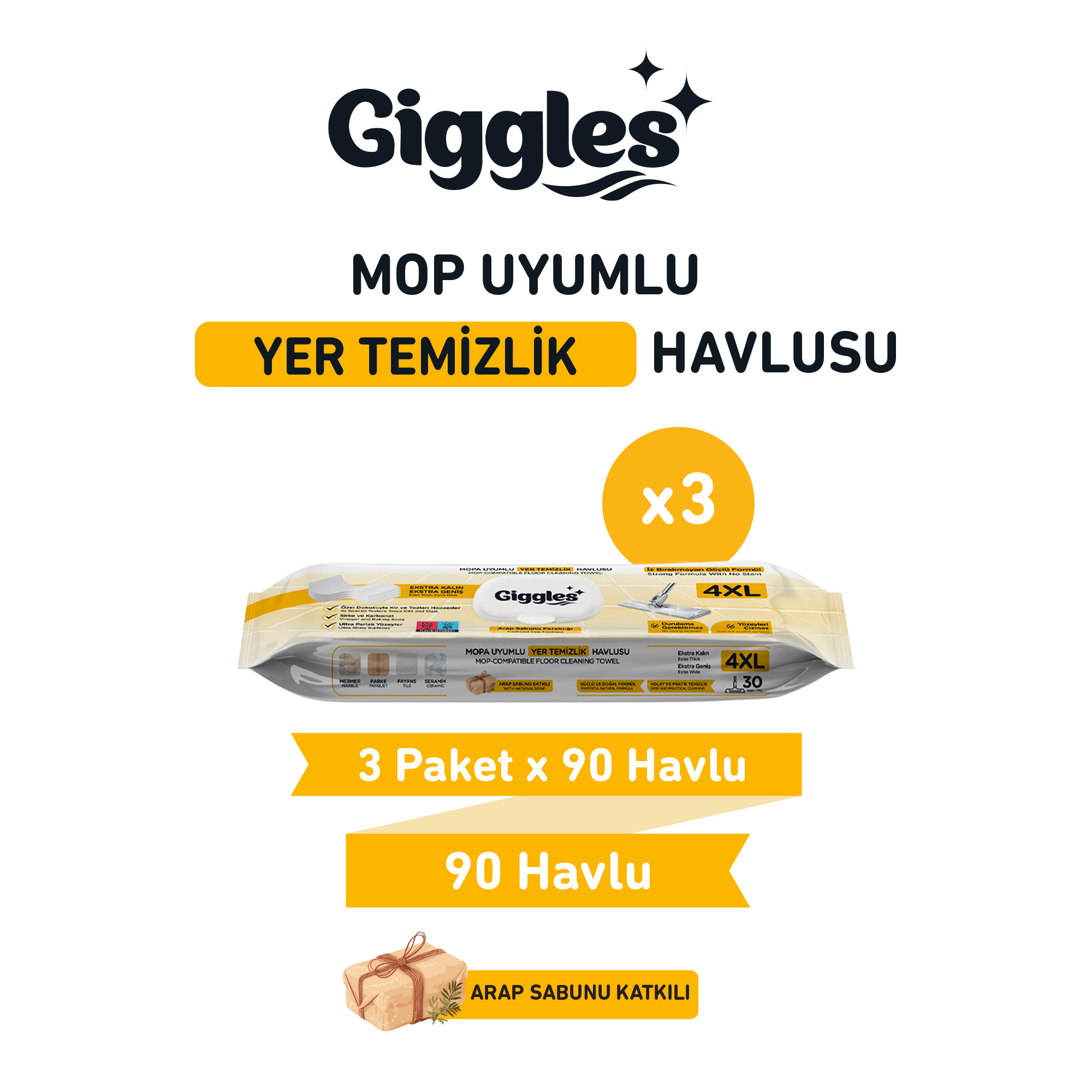 Giggles Mopa Uyumlu Yer Temizlik Havlusu 8 Katlı 4XL Arap Sabunu Katkılı 3 Paket 90 Adet Havlu