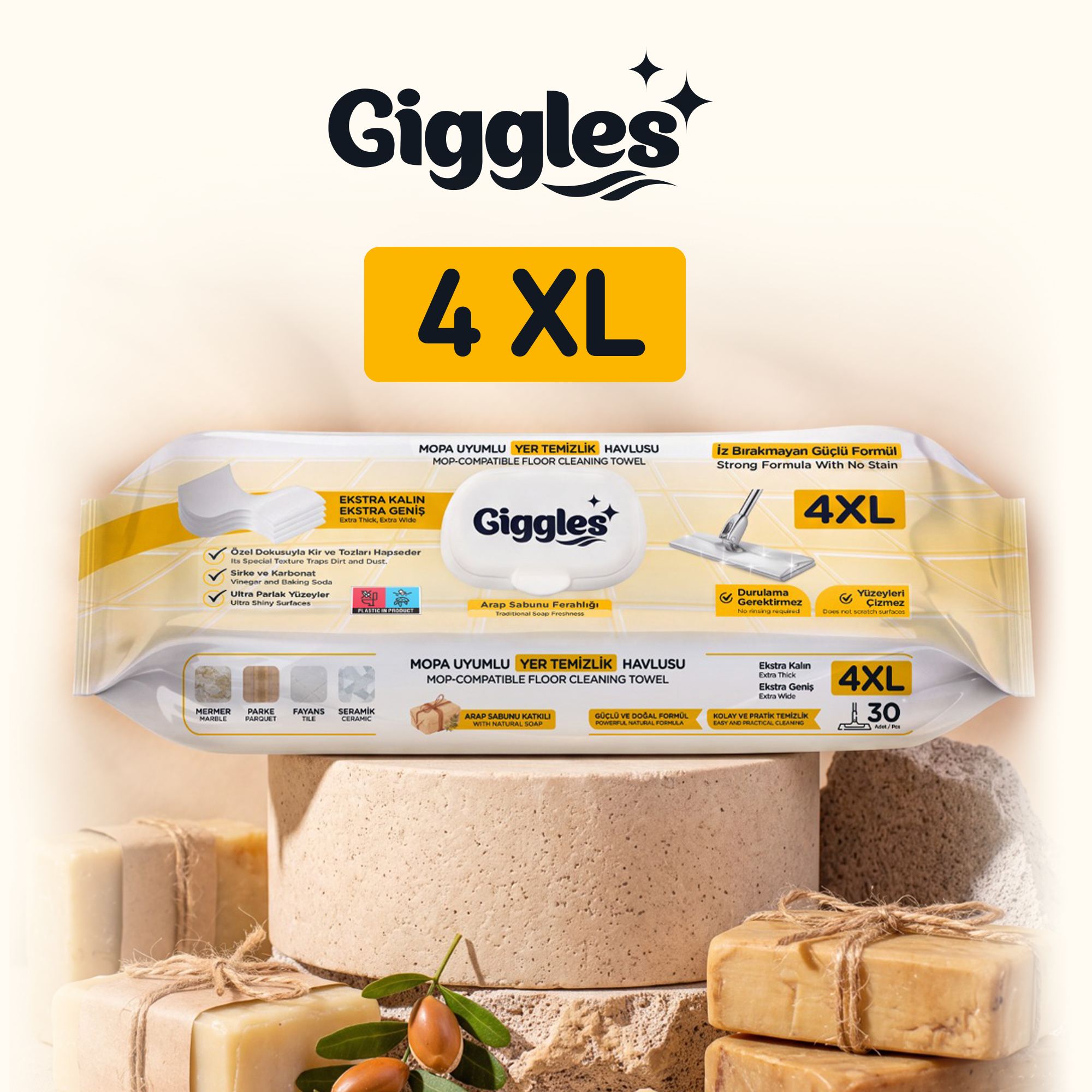 Giggles Mopa Uyumlu Yer Temizlik Havlusu 8 Katlı 4XL Arap Sabunu Katkılı 1 Paket 30 Adet Havlu