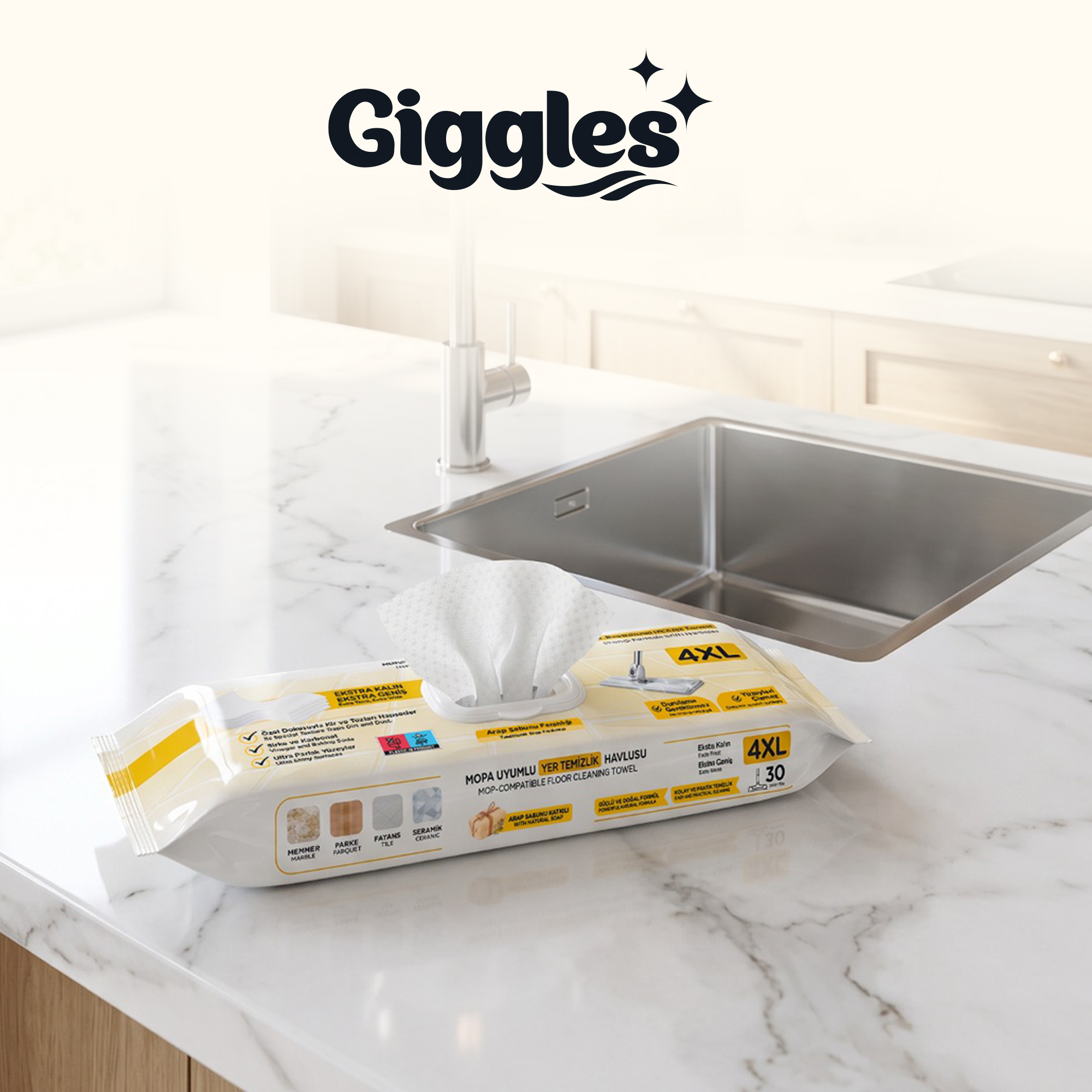 Giggles Mopa Uyumlu Yer Temizlik Havlusu 8 Katlı 4XL Arap Sabunu Katkılı 1 Paket 30 Adet Havlu